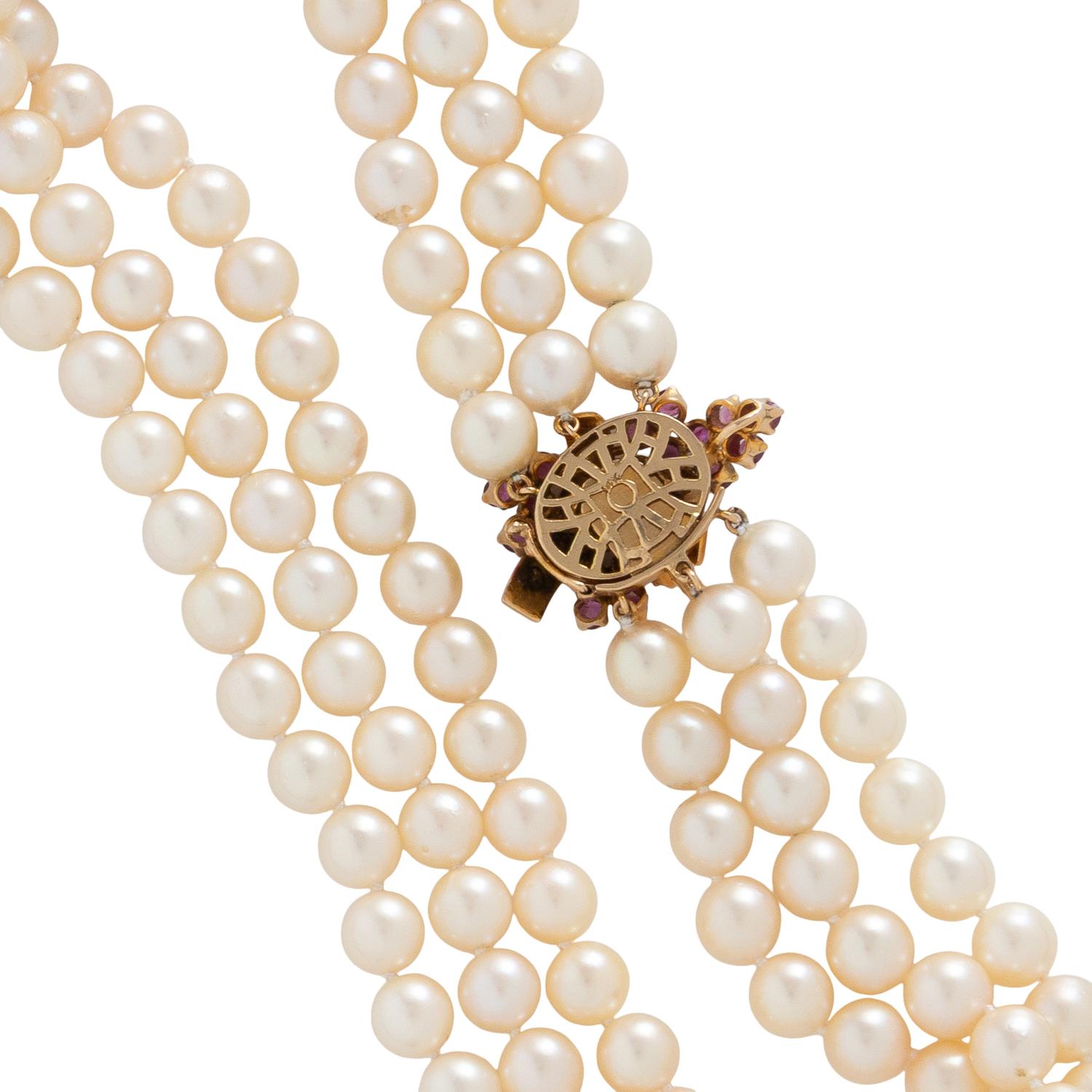 THREE STRAND CULTURED PEARL AND RUBY NECKLACE