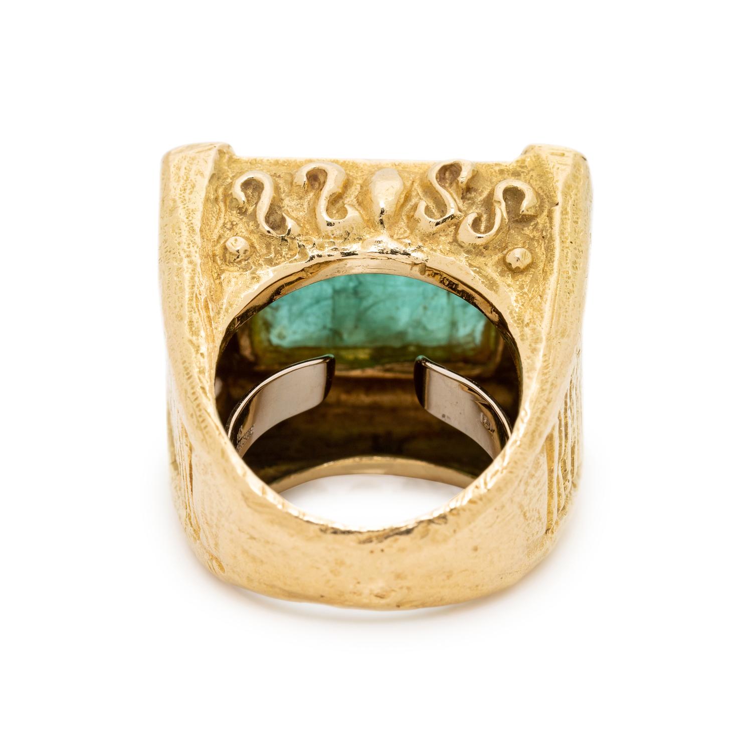 KATY BRISCOE, YELLOW GOLD, CARVED EMERALD AND DIAMOND RING
