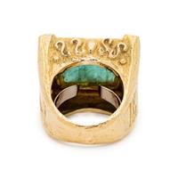 KATY BRISCOE, YELLOW GOLD, CARVED EMERALD AND DIAMOND RING