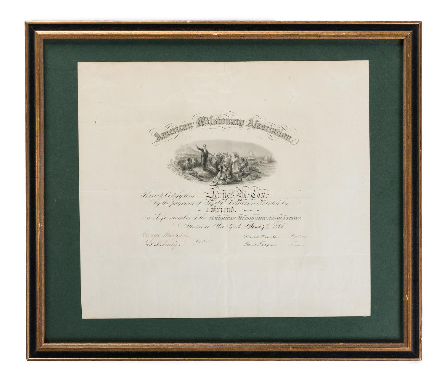 [SLAVERY & ABOLITION]. TAPPAN, Lewis (1788-1873). American Missionary Association certificate signed ("Lewis Tappan"). New York, 7 March 1860.