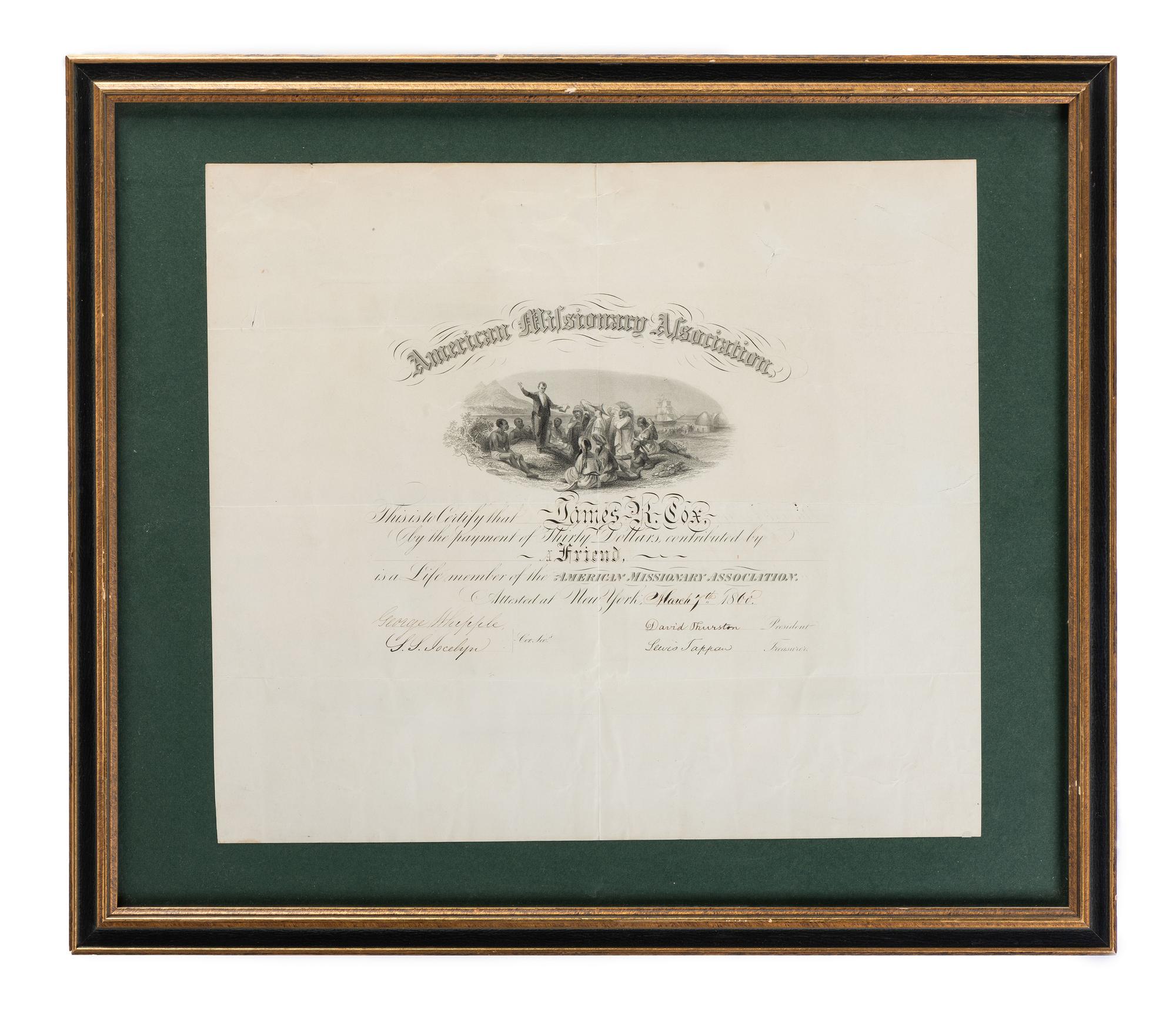 [SLAVERY & ABOLITION]. TAPPAN, Lewis (1788-1873). American Missionary Association certificate signed ("Lewis Tappan"). New York, 7 March 1860.