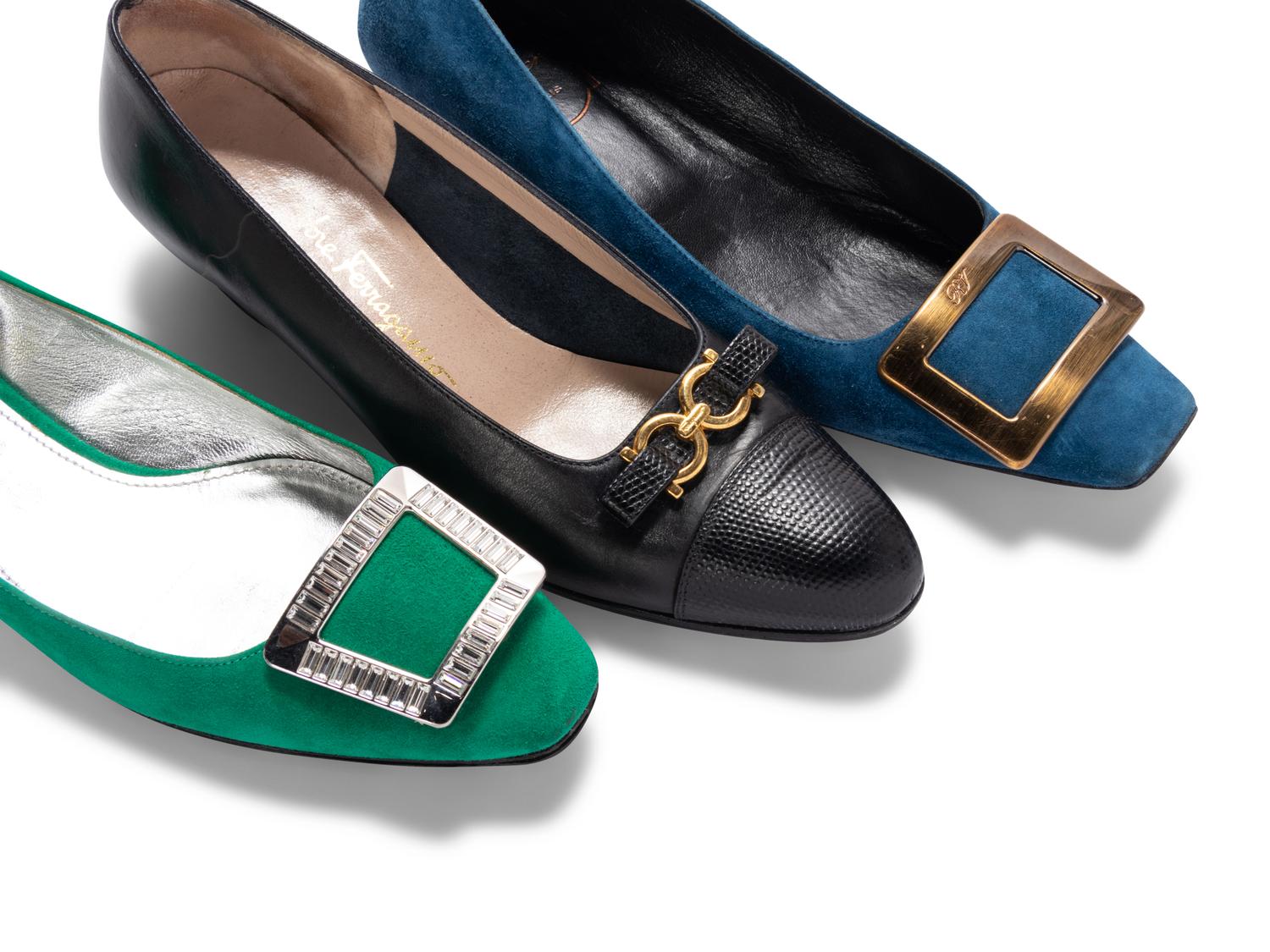 Three Pairs of Designer Shoes; One Roger Vivier, One Prada, One Salvatore Ferragamo, 2000-2010s