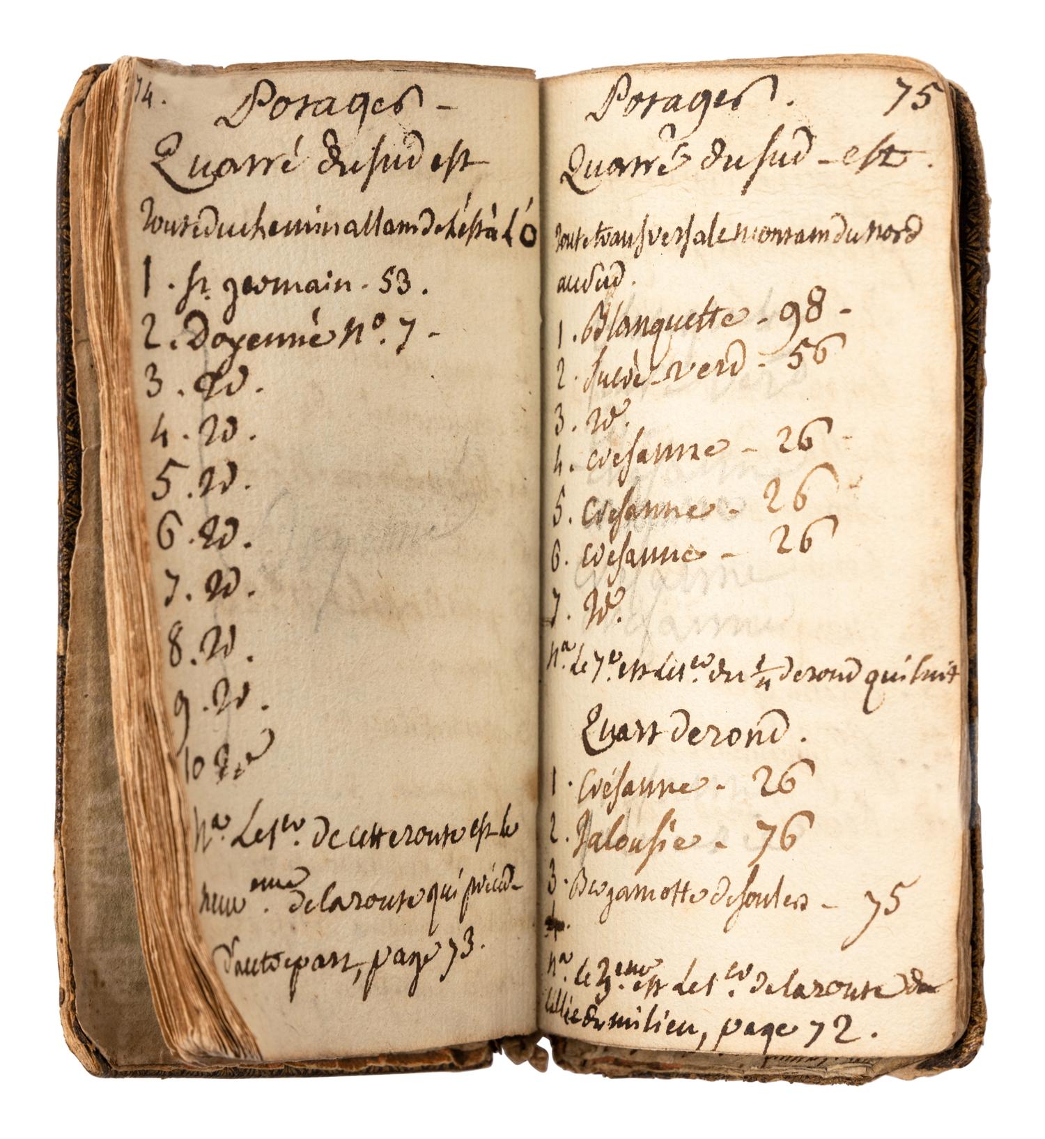 [MANUSCRIPT—BOTANY]. “Memoire de mes arbres fruitiers dans mes differens jardins en clos.” [France], 1780.