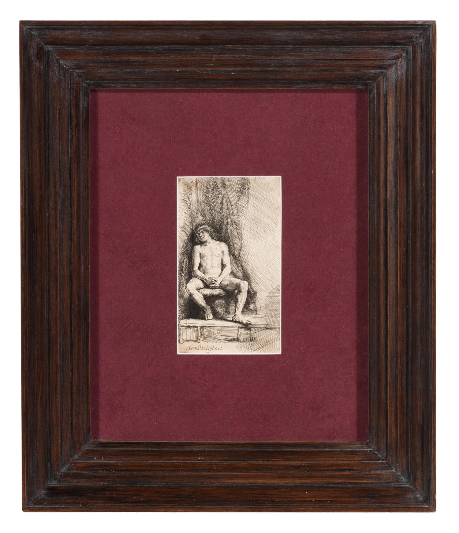 Rembrandt van Rijn (Dutch, 1606-1669) — Nude Man Seated Before a Curtain , 1646