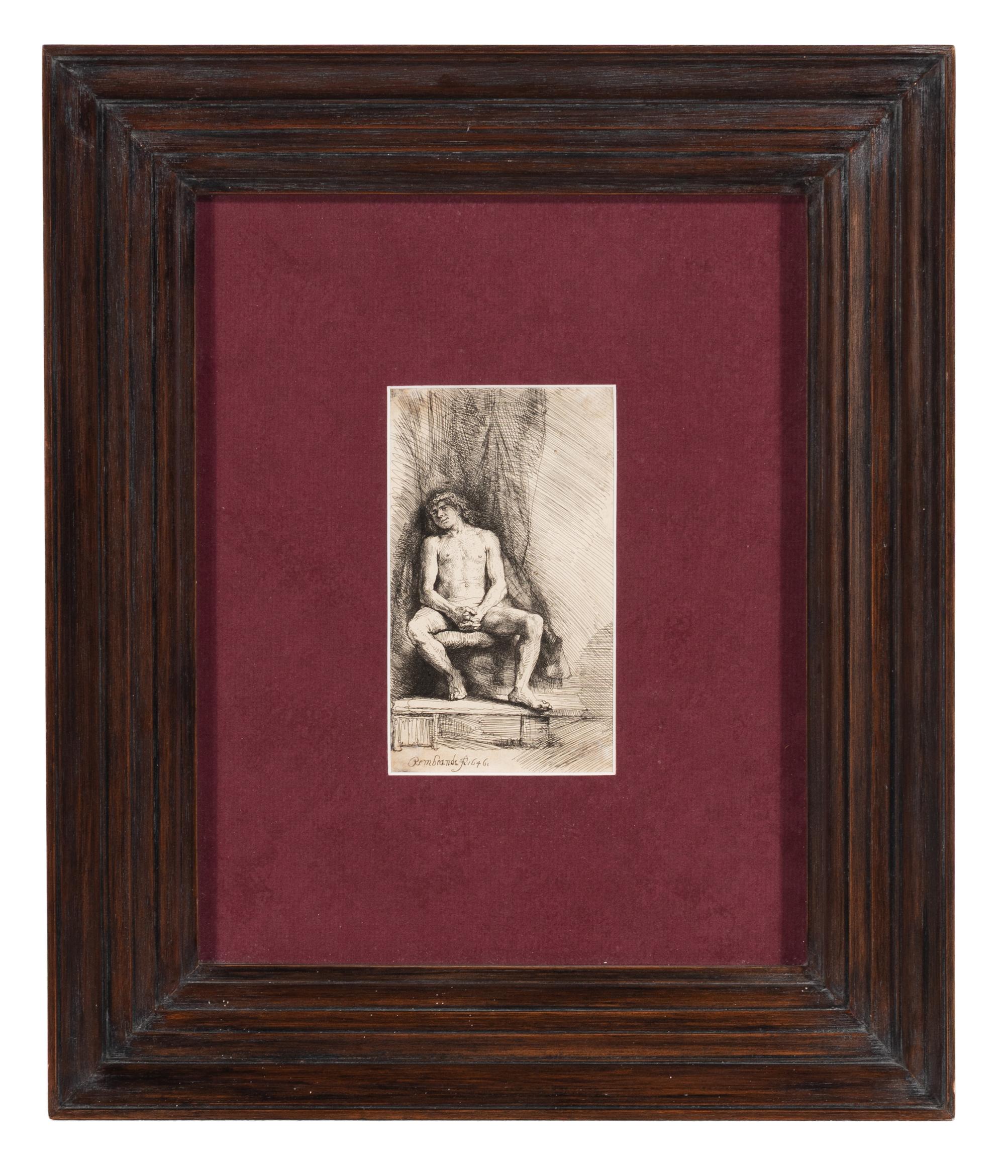 Rembrandt van Rijn (Dutch, 1606-1669) — Nude Man Seated Before a Curtain , 1646