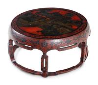 A Large Chinese Painted Red Lacquered Wood Circular Low Table