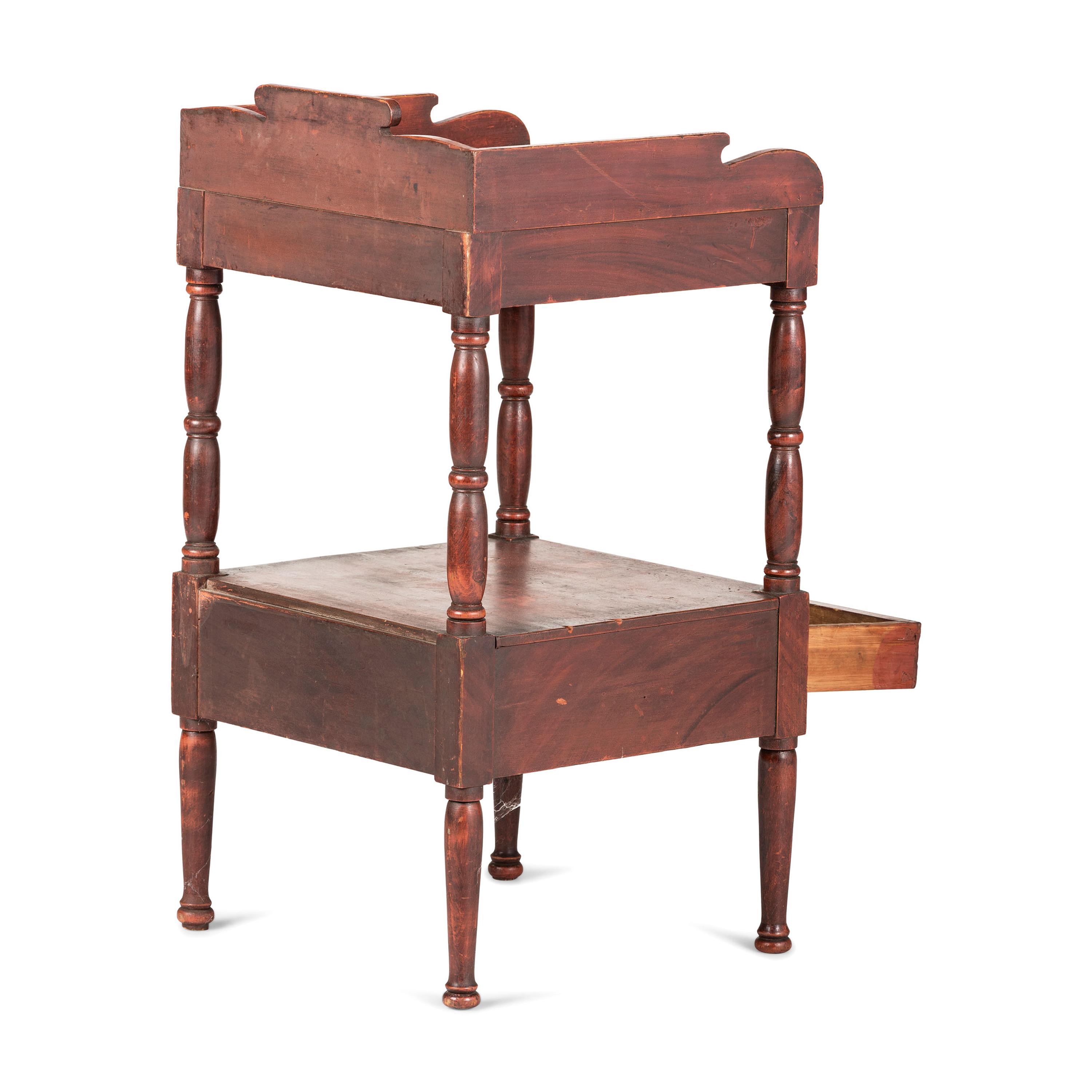 A Painted Wood Wash Stand with a Flint Enamel Water Pitcher and Wash Basin
