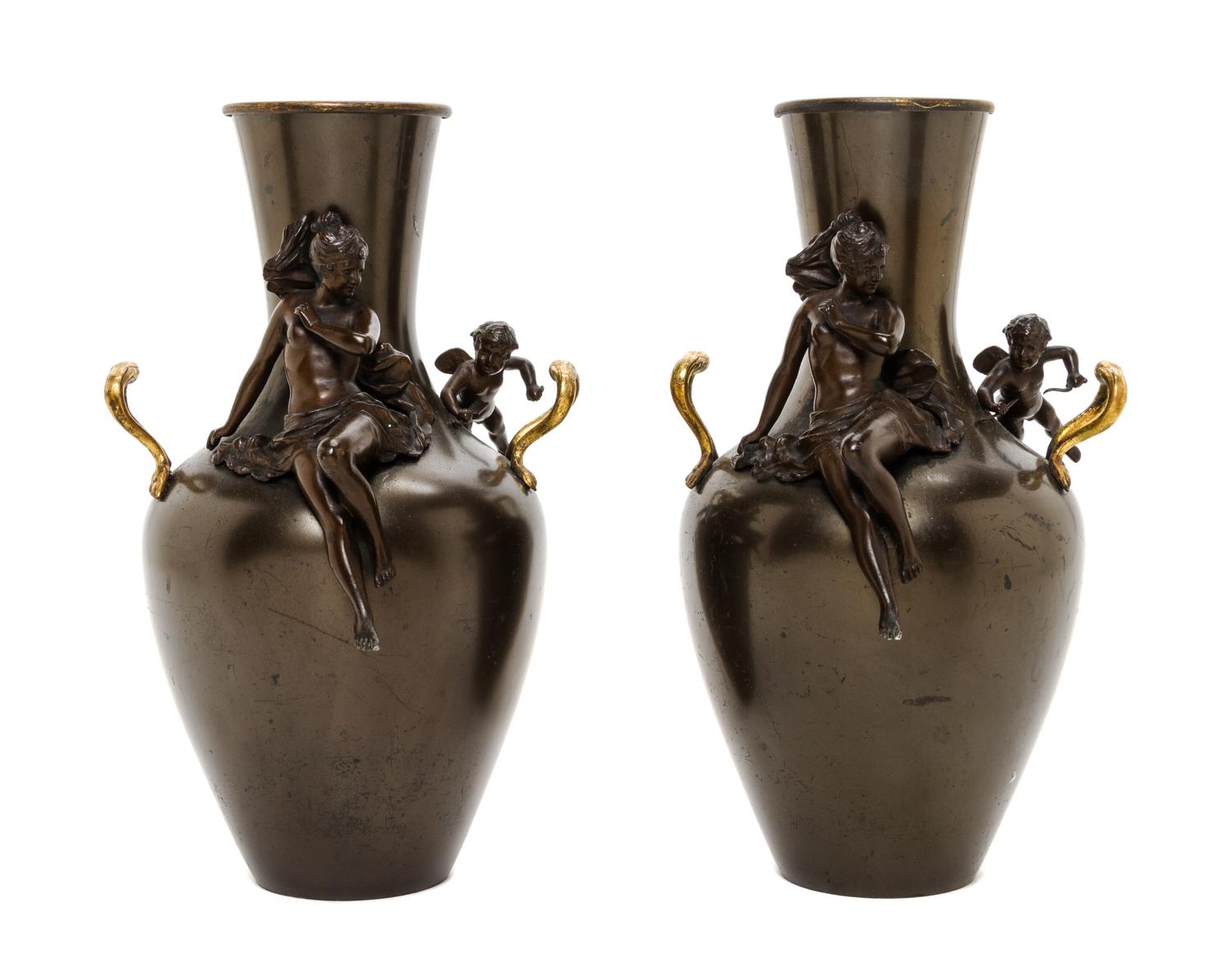 A Pair of French Gilt and Patinated Bronze Vases, Height 10 1/4 inches.