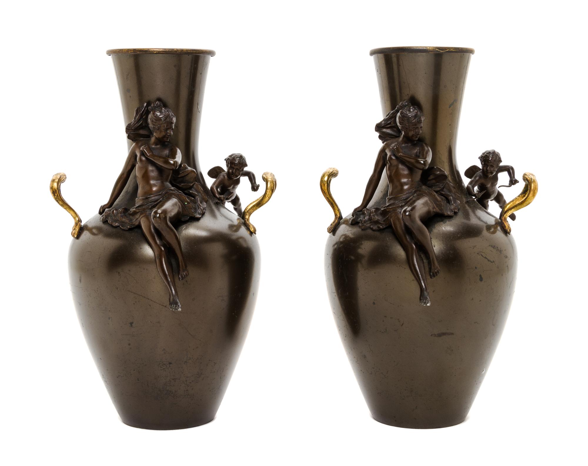 A Pair of French Gilt and Patinated Bronze Vases, Height 10 1/4 inches.
