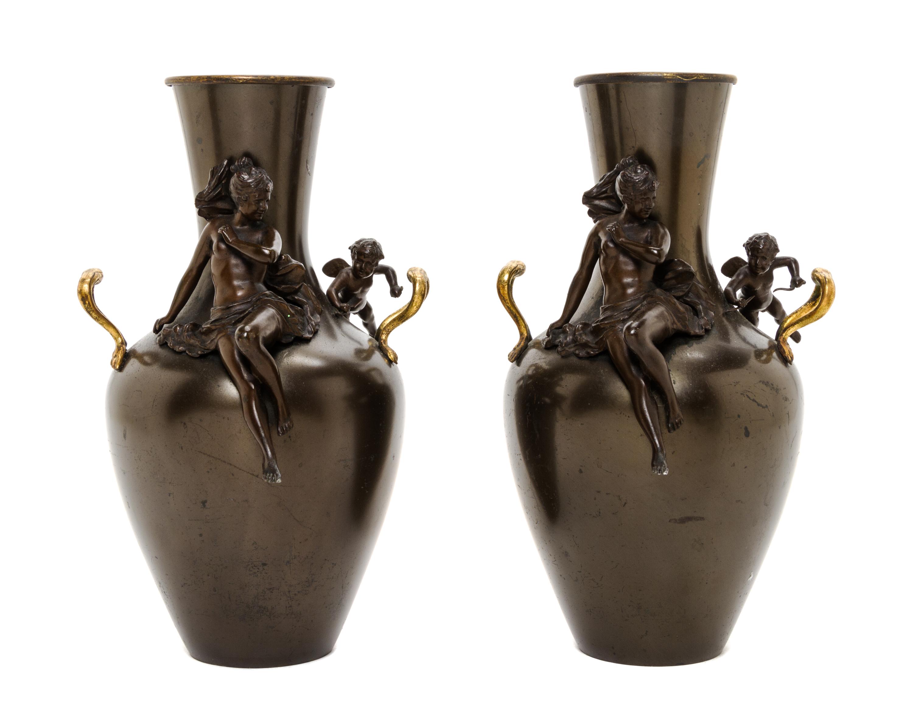 A Pair of French Gilt and Patinated Bronze Vases, Height 10 1/4 inches.