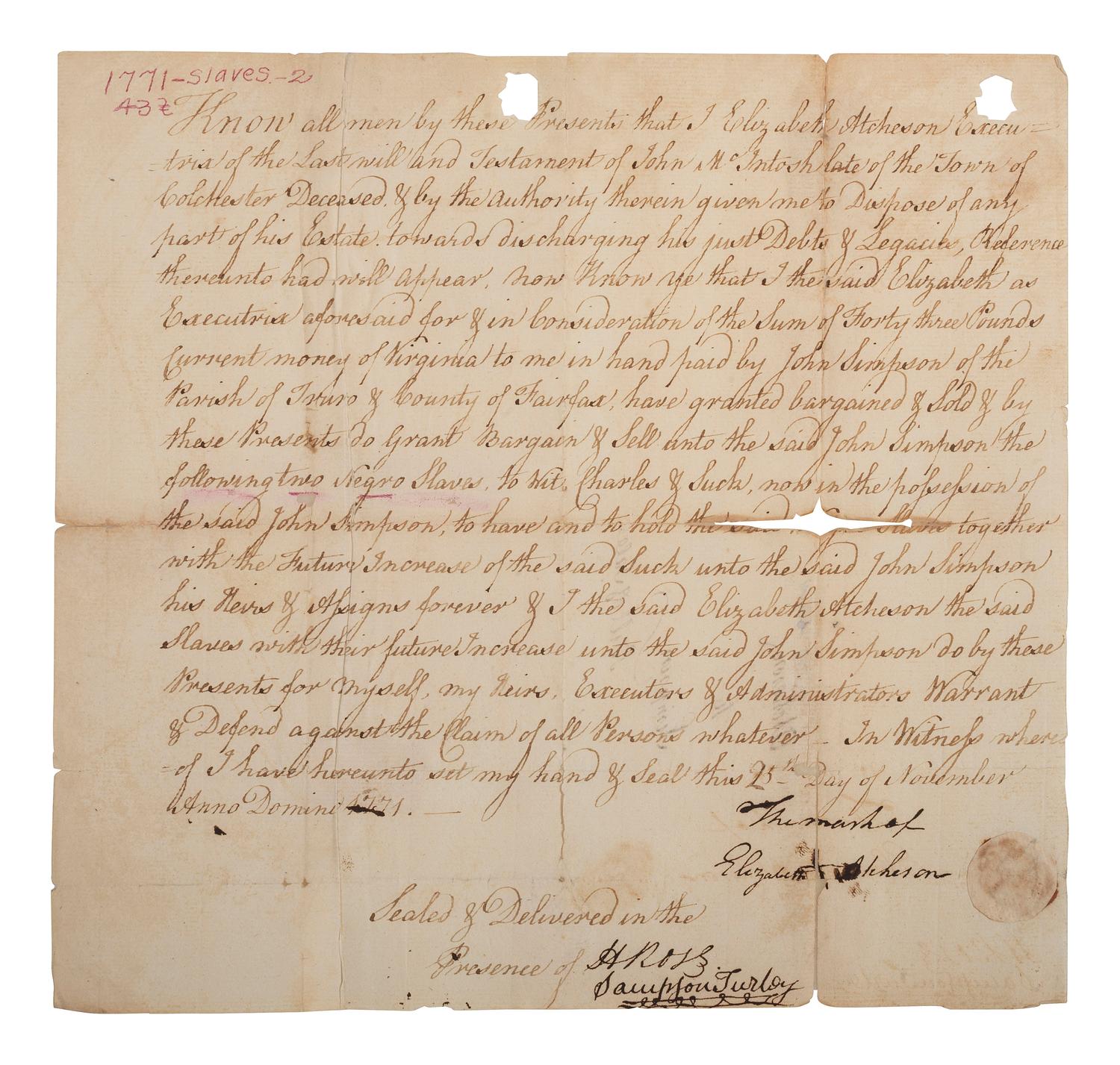 [SLAVERY & ABOLITION]. Manuscript bill of sale for two enslaved individuals, Charles and Suck. Colchester, [VA], 1771.