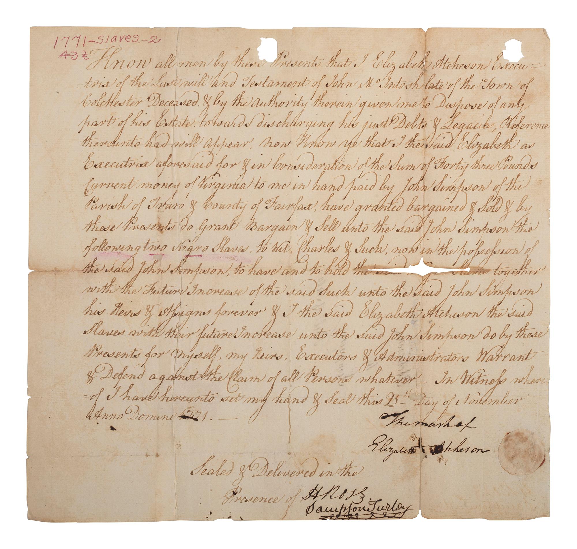 [SLAVERY & ABOLITION]. Manuscript bill of sale for two enslaved individuals, Charles and Suck. Colchester, [VA], 1771.