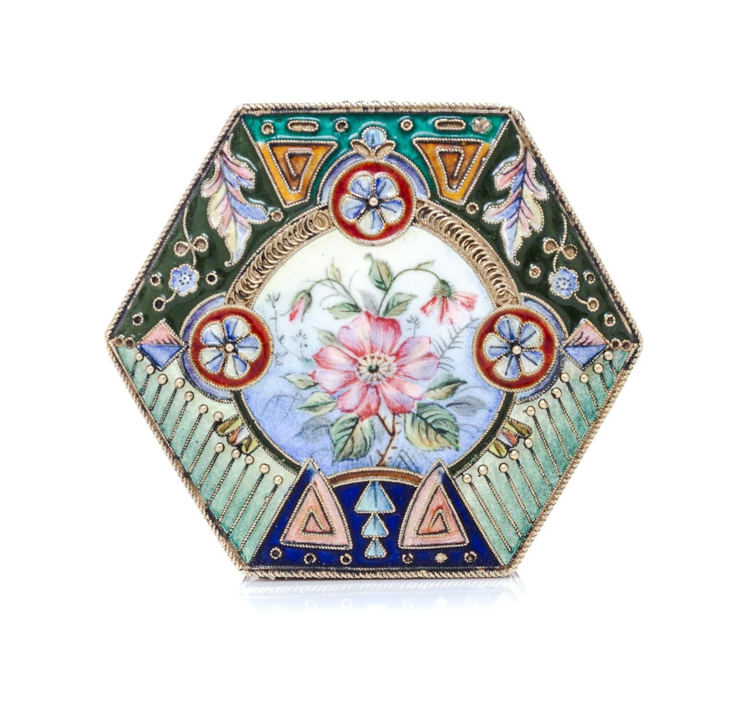 A Russian Enameled Silver-Gilt Snuff Box, Mark of Sixth Artel, Moscow, early 20th century, of hexagonal form, the lid centered by a flo
