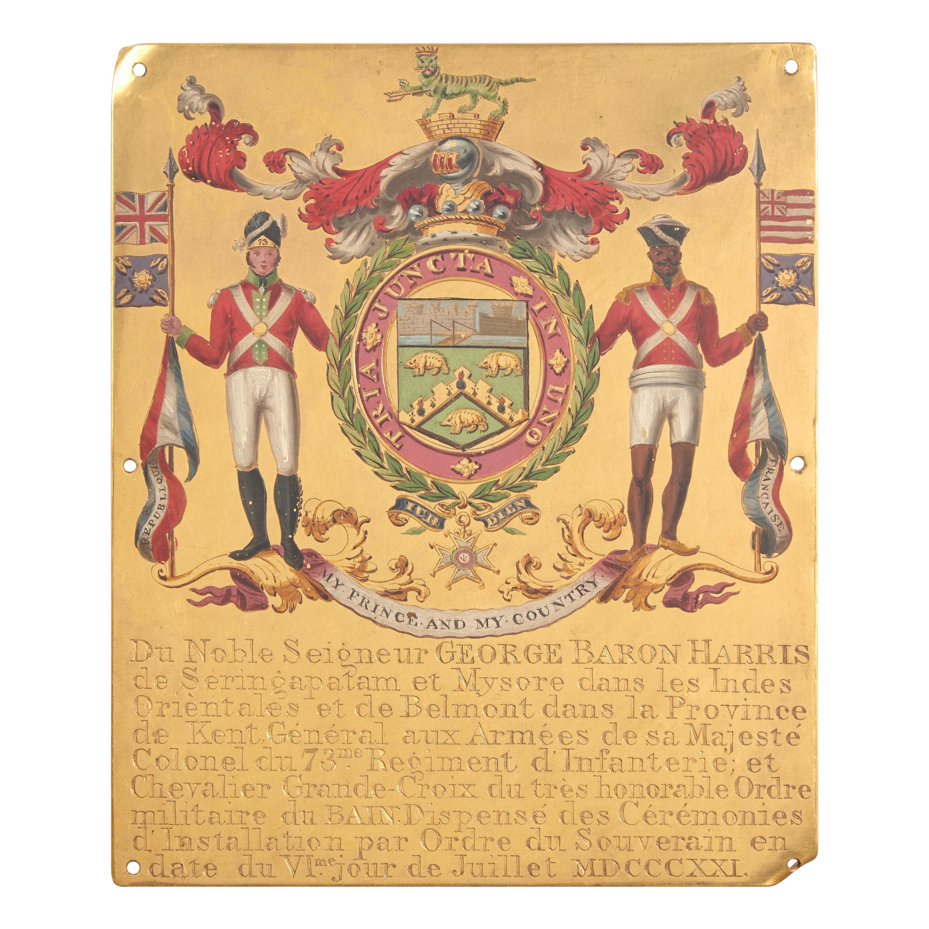 An Enameled and Engraved Heraldic Brass Stall Plate for British General George Baron Harris (1746-1829)