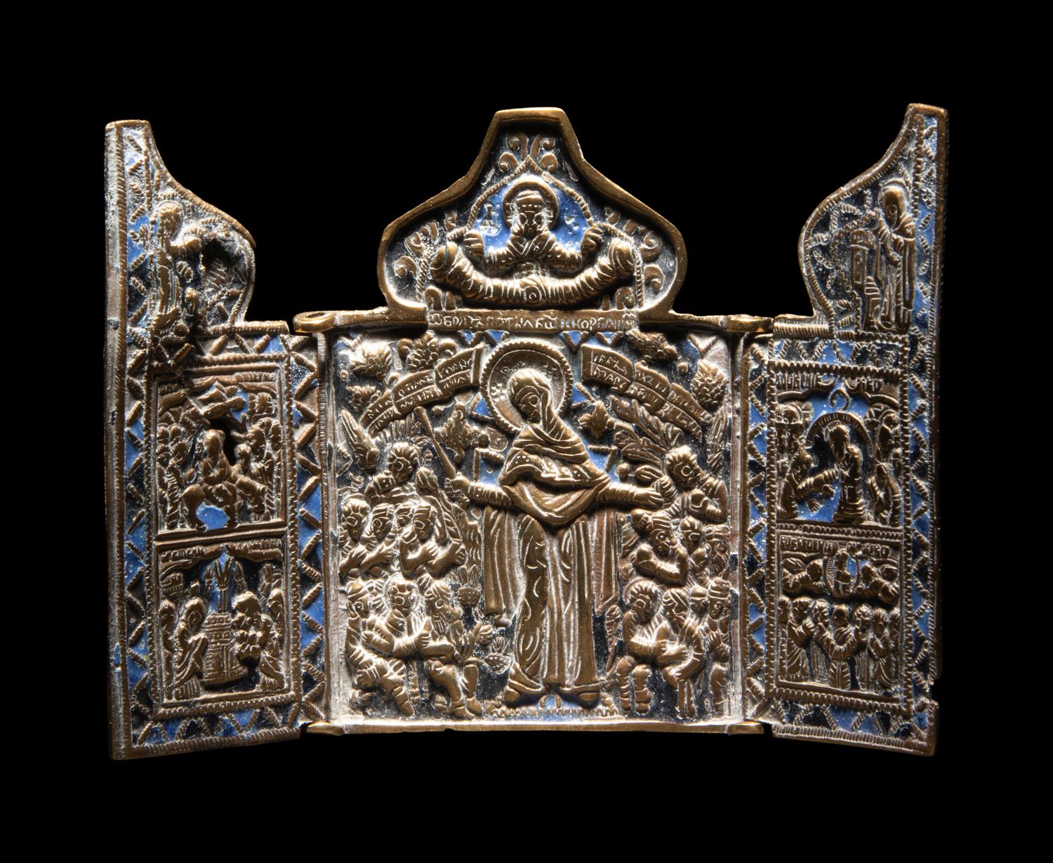 A Russian or Eastern European Enameled Bronze Triptych Icon