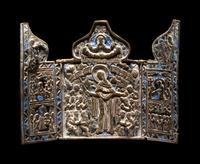 A Russian or Eastern European Enameled Bronze Triptych Icon