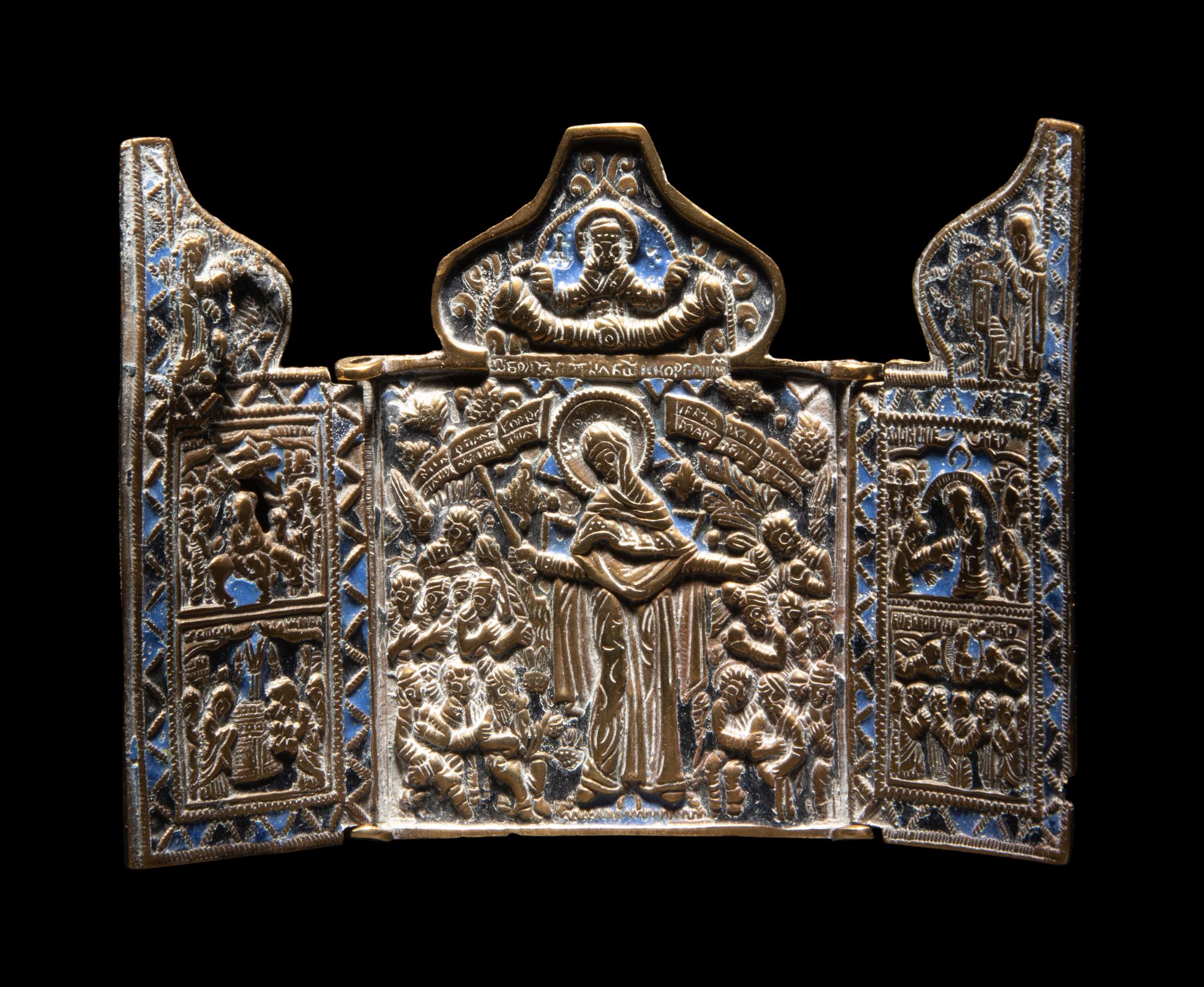 A Russian or Eastern European Enameled Bronze Triptych Icon