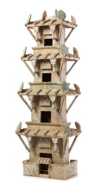 A Large and Impressive Chinese Green Glazed Pottery Model of Five Section Watchtower Height 38 inches. — HAN DYNASTY (206 B.C. - A.D. 220)