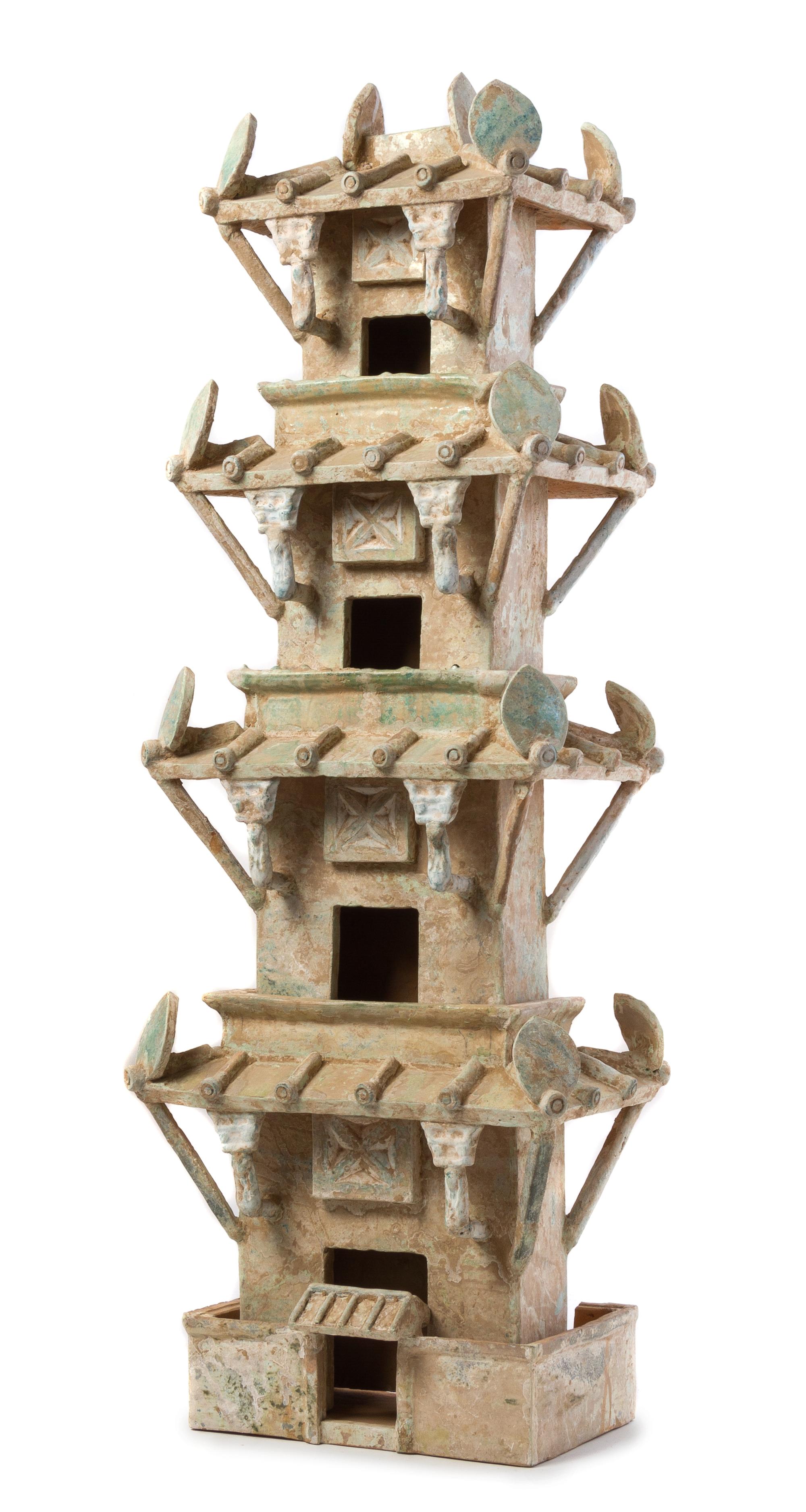 A Large and Impressive Chinese Green Glazed Pottery Model of Five Section Watchtower Height 38 inches. — HAN DYNASTY (206 B.C. - A.D. 220)