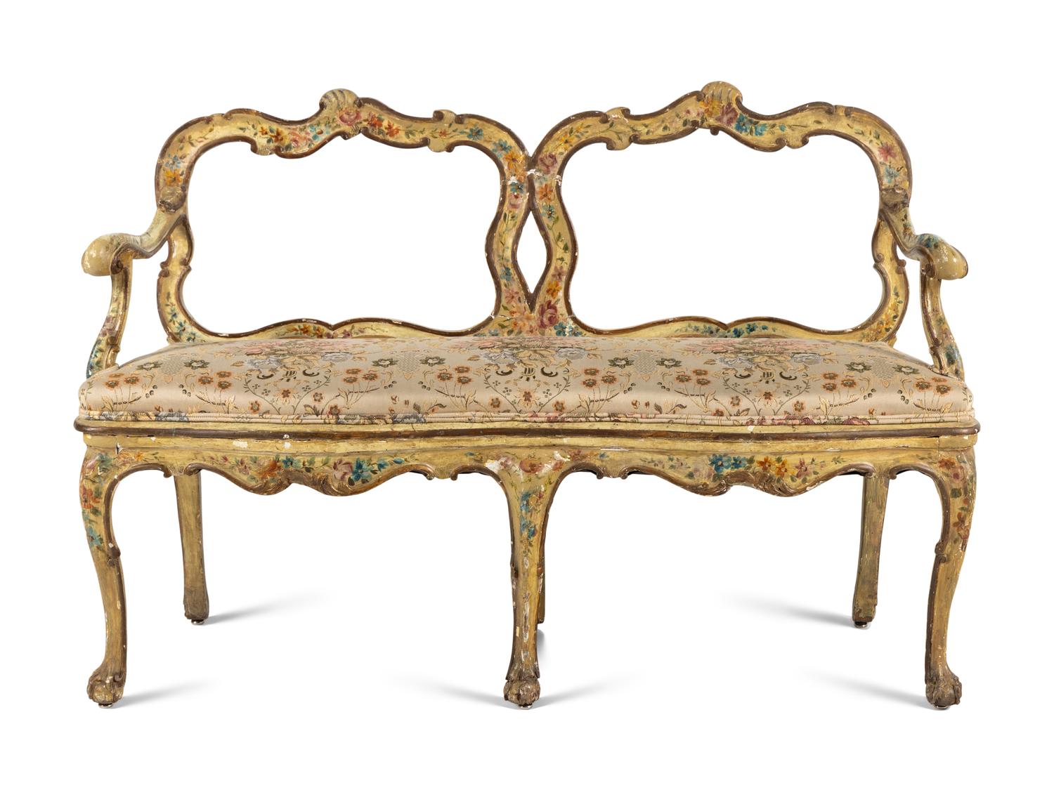 A Venetian Cream and Polychrome Painted Settee