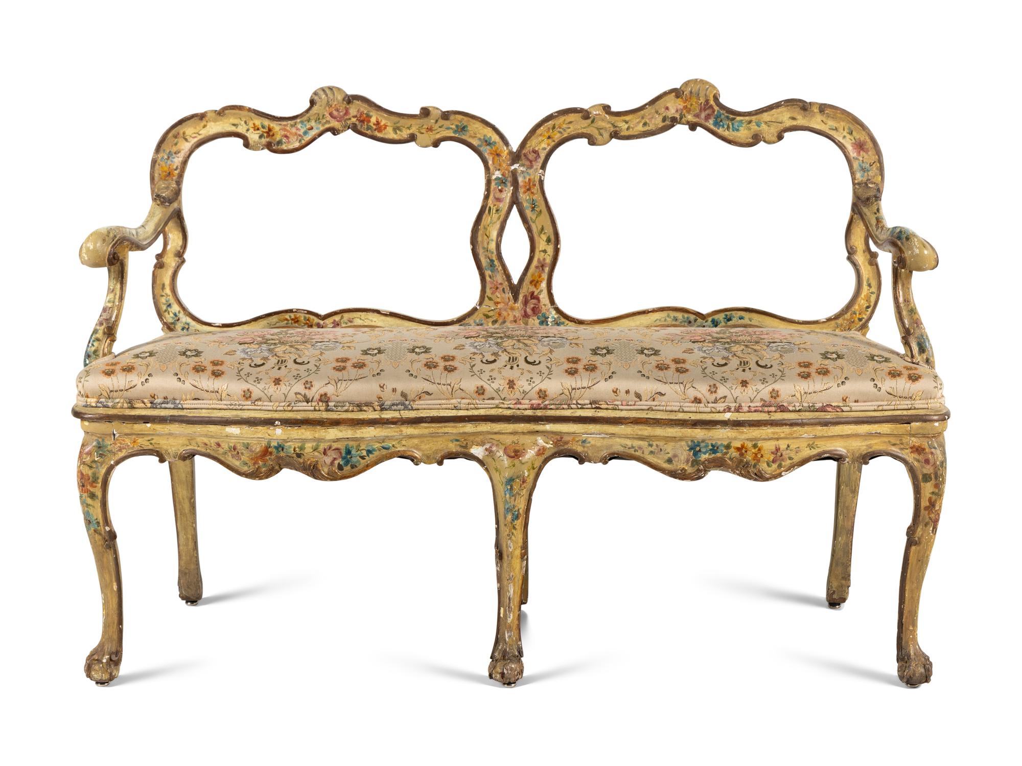 A Venetian Cream and Polychrome Painted Settee