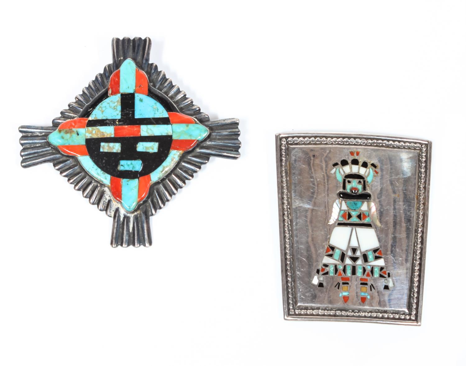 Two Zuni Brooches Height of first 2 5/8 x width 2 1/8 inches