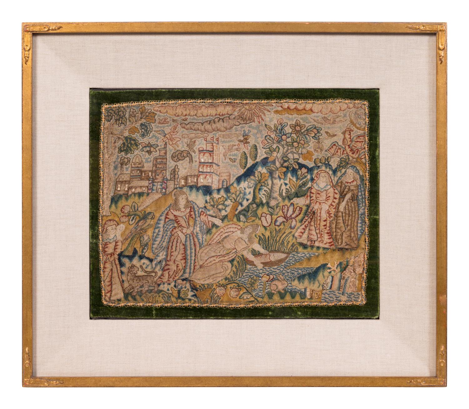 A Charles II Needlework Box Lid Depicting Moses in the Bulrushes