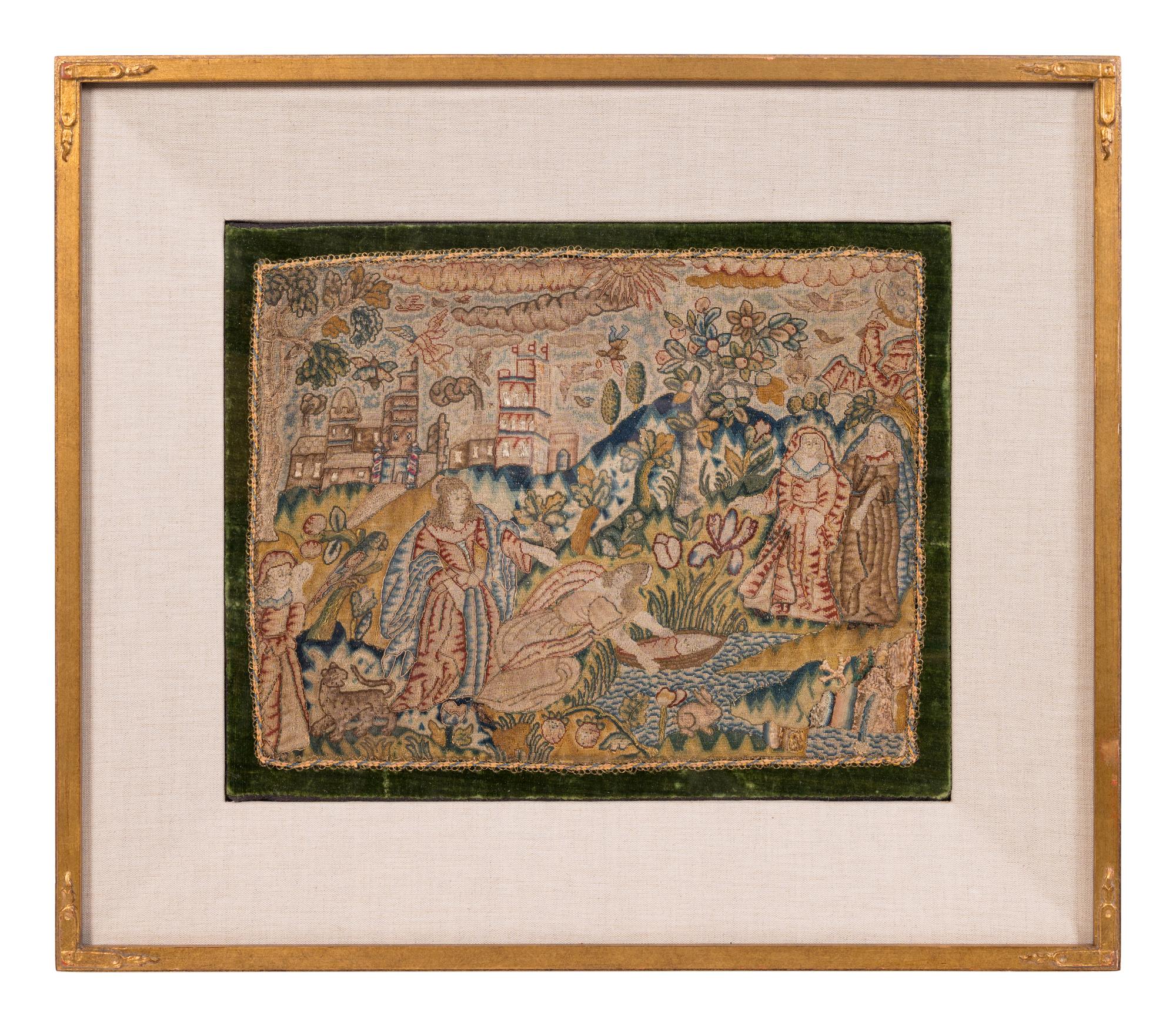 A Charles II Needlework Box Lid Depicting Moses in the Bulrushes