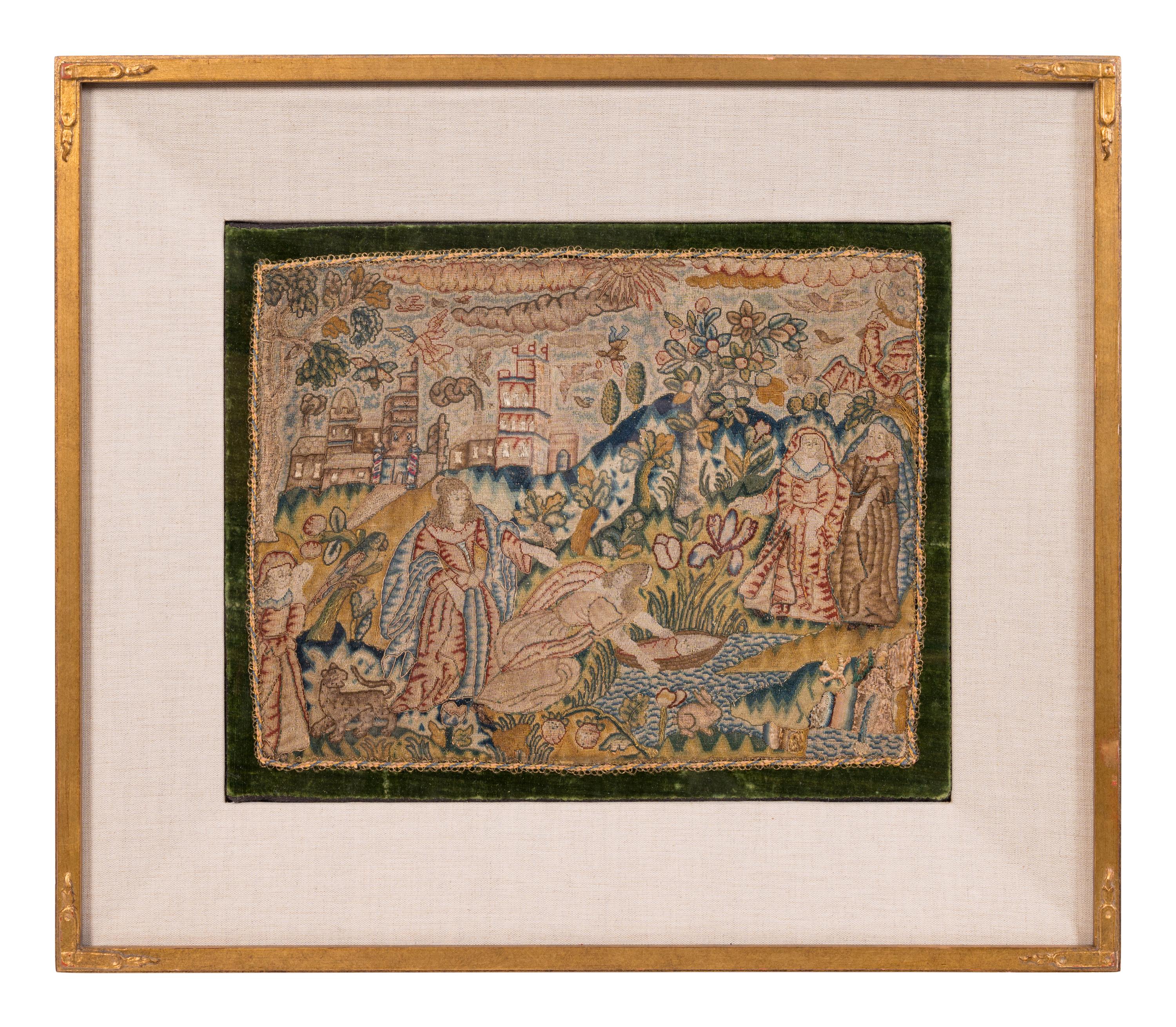 A Charles II Needlework Box Lid Depicting Moses in the Bulrushes