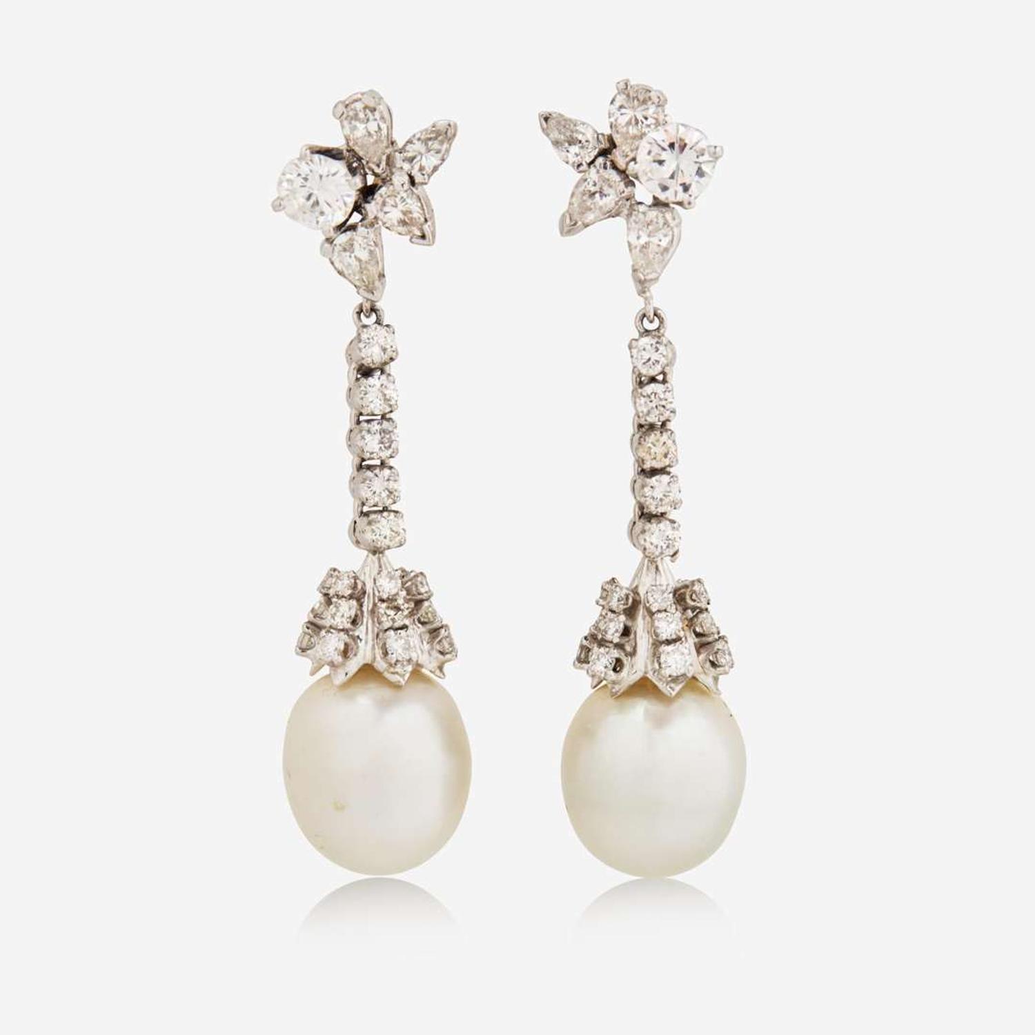 A Pair of 14K White Gold, Pearl, and Diamond Earrings