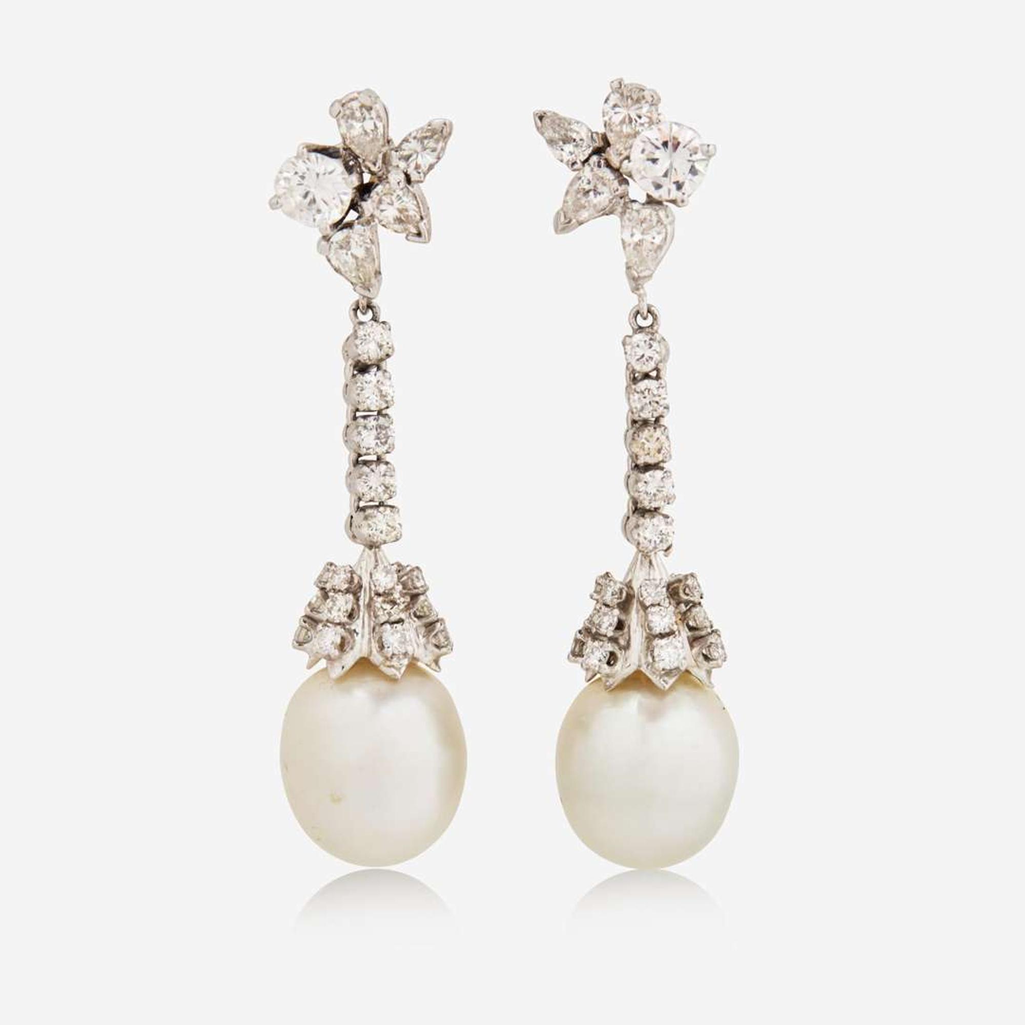 A Pair of 14K White Gold, Pearl, and Diamond Earrings