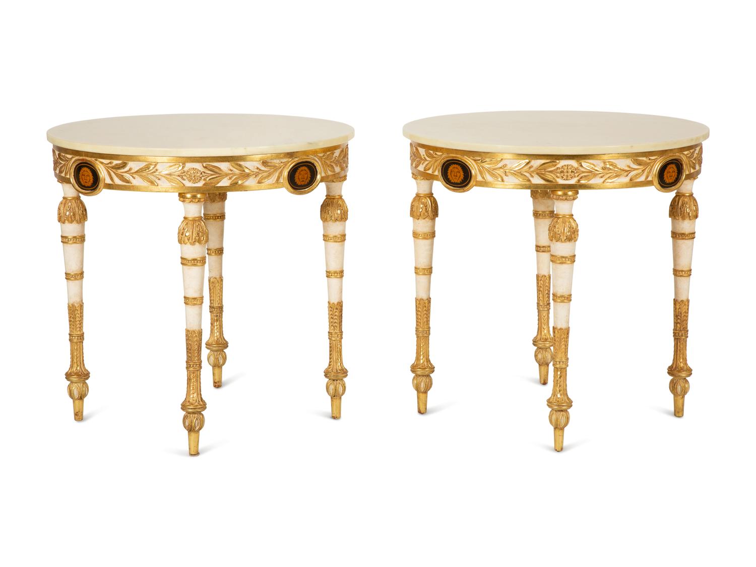 A Pair of Neoclassical Style White and Parcel Gilt Marble Top Tables