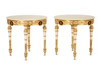 A Pair of Neoclassical Style White and Parcel Gilt Marble Top Tables