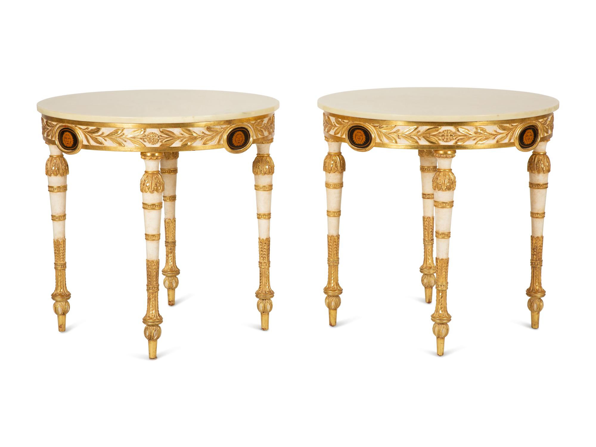 A Pair of Neoclassical Style White and Parcel Gilt Marble Top Tables