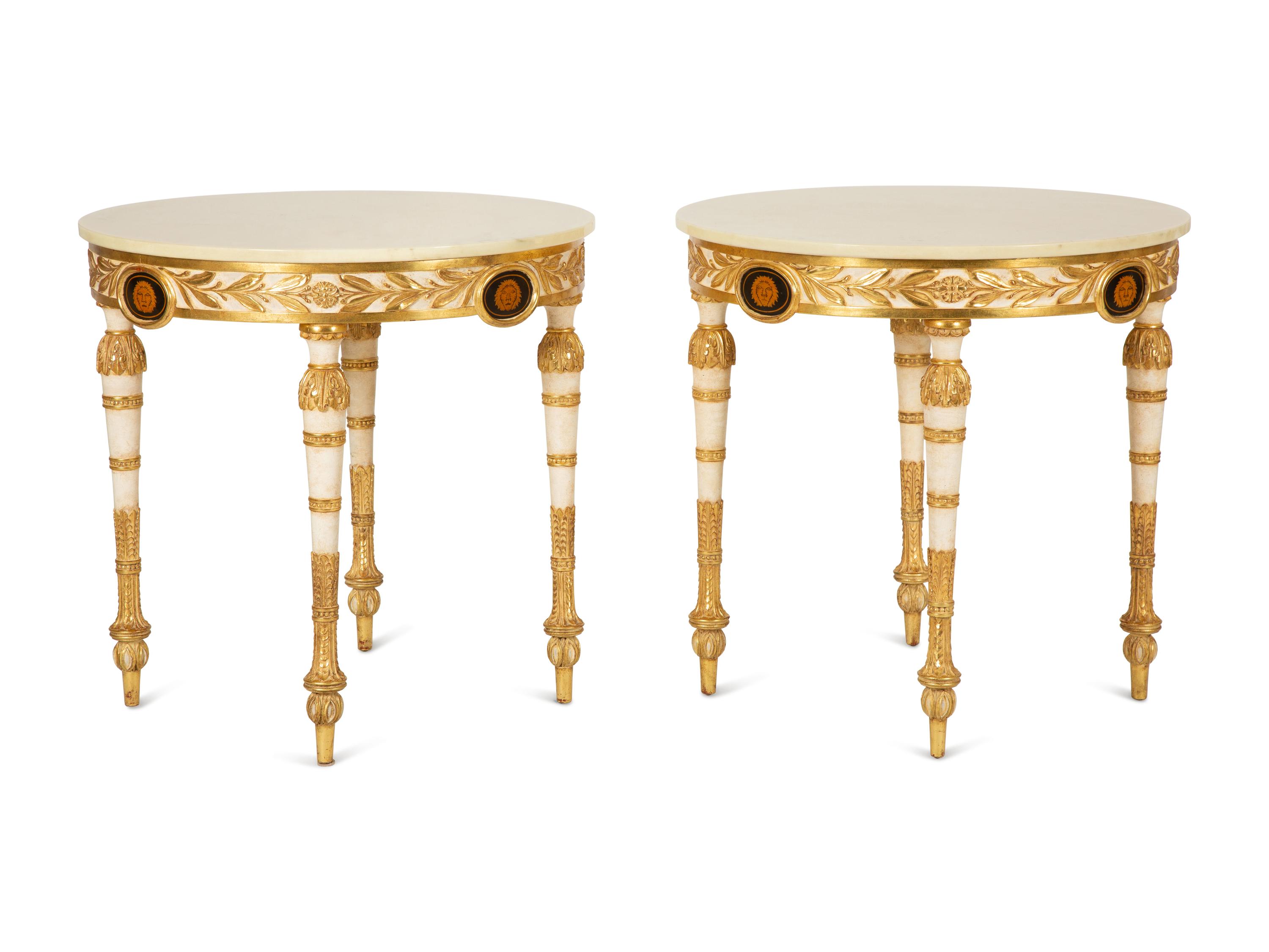 A Pair of Neoclassical Style White and Parcel Gilt Marble Top Tables