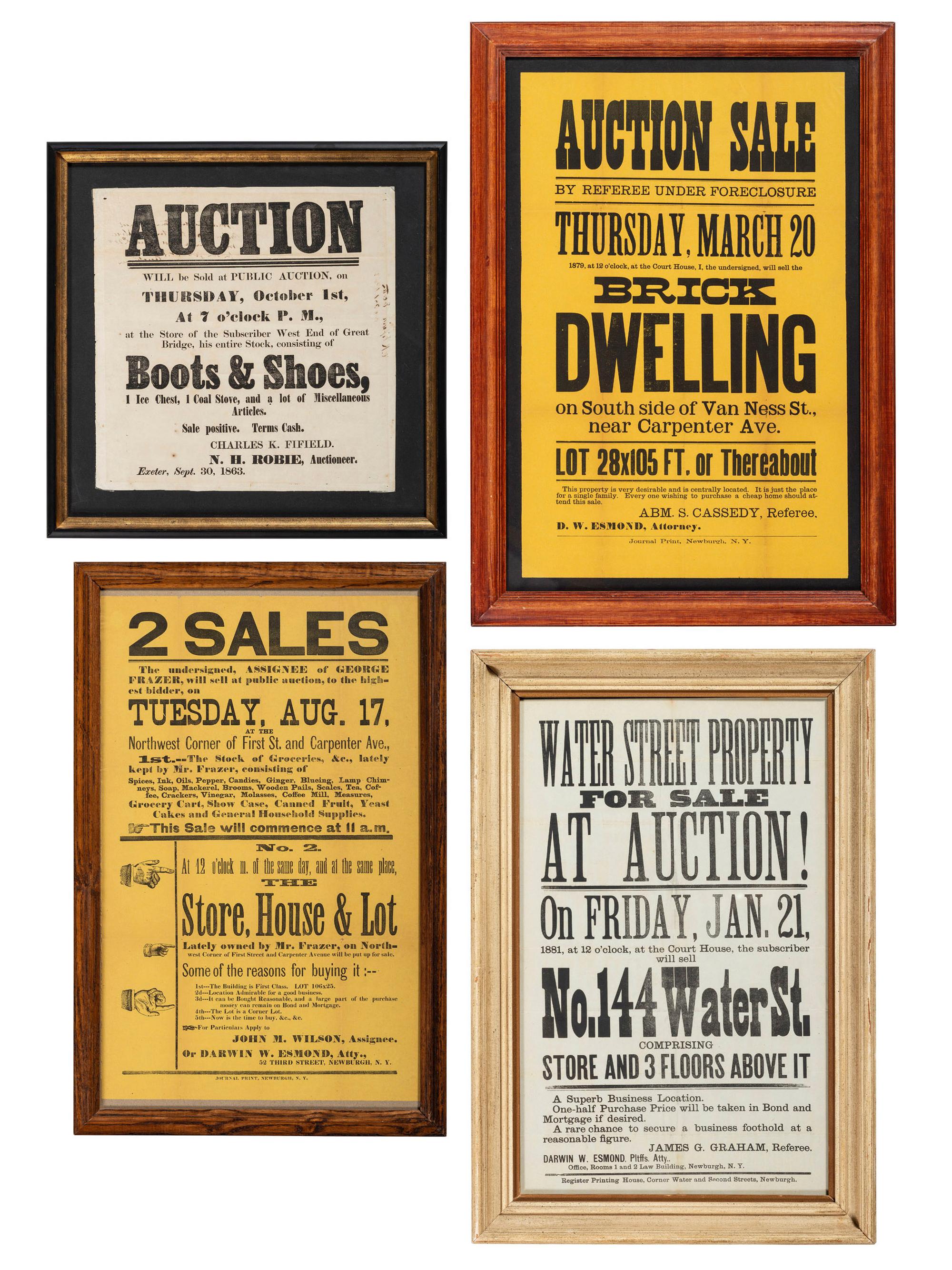 [ADVERTISING] -- [AUCTIONS]. A group of 4 broadsides promoting auctions of various properties and goods, comprising: