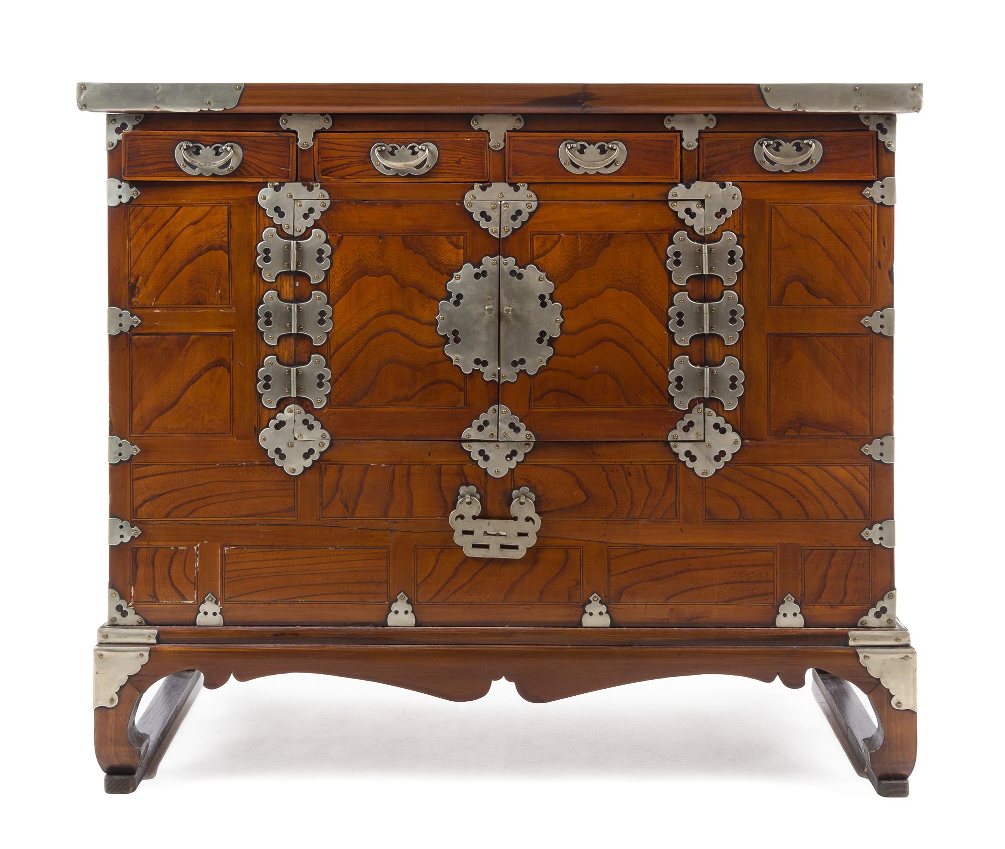 A Korean Brass Mounted Hardwood Chest Height 31 1/2 x length 37 1/8 x depyth 17 1/2 inches. — 19TH CENTURY