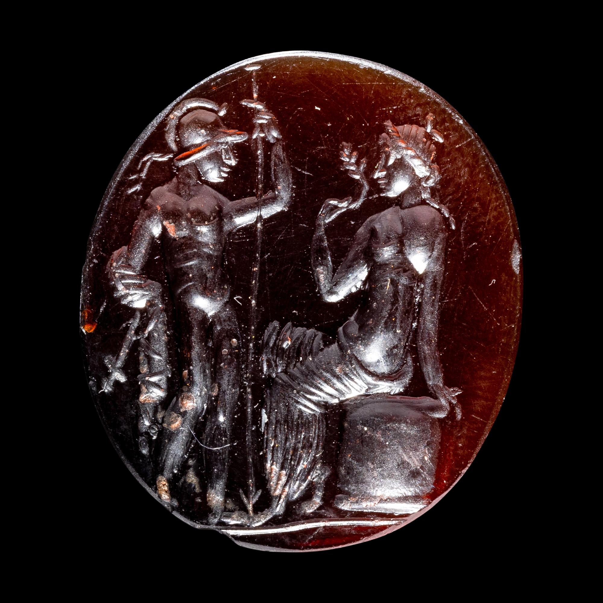 A Roman Carnelian Ring Stone with the Gods Ares and Venus