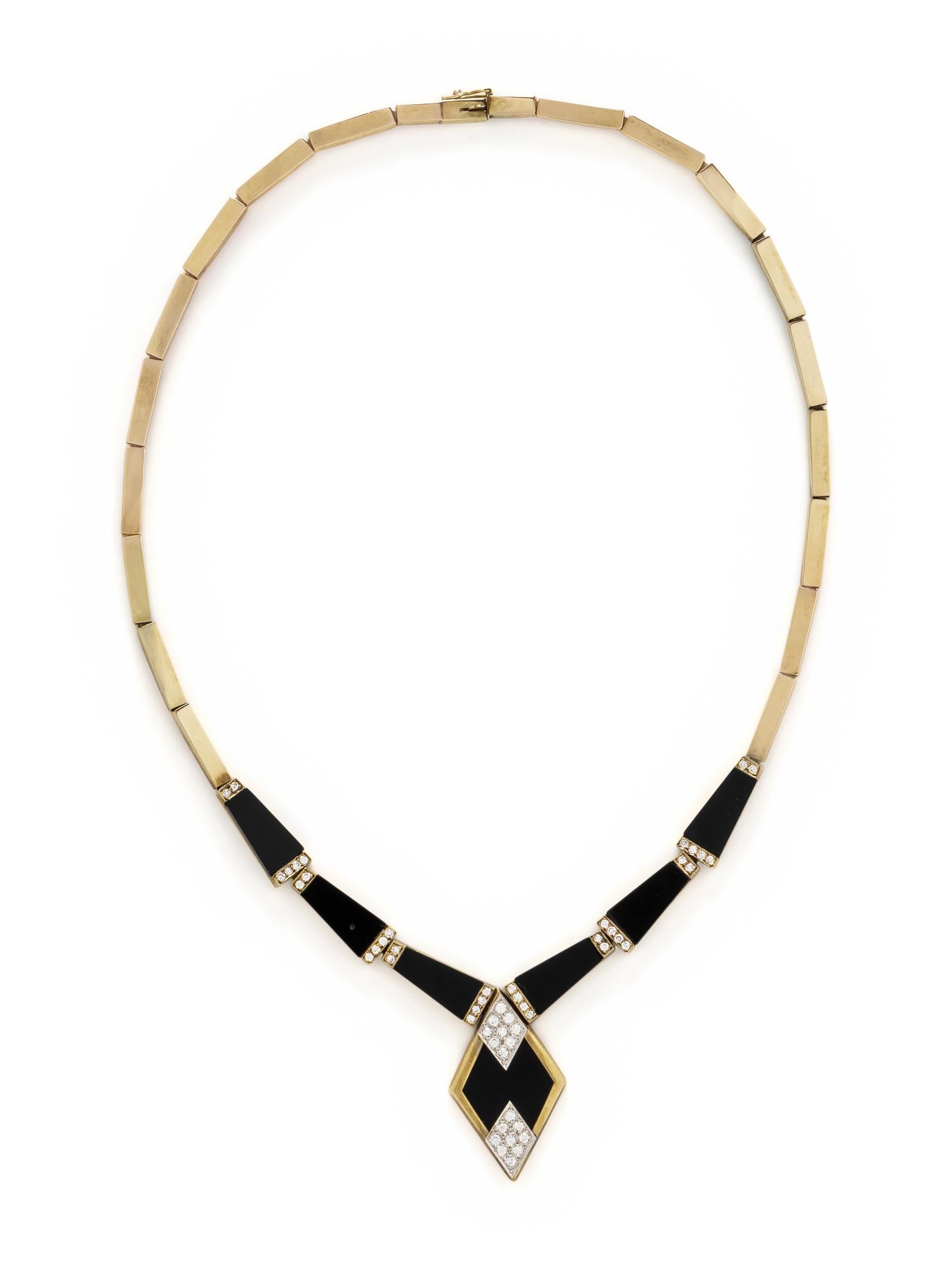 YELLOW GOLD, ONYX, AND DIAMOND NECKLACE