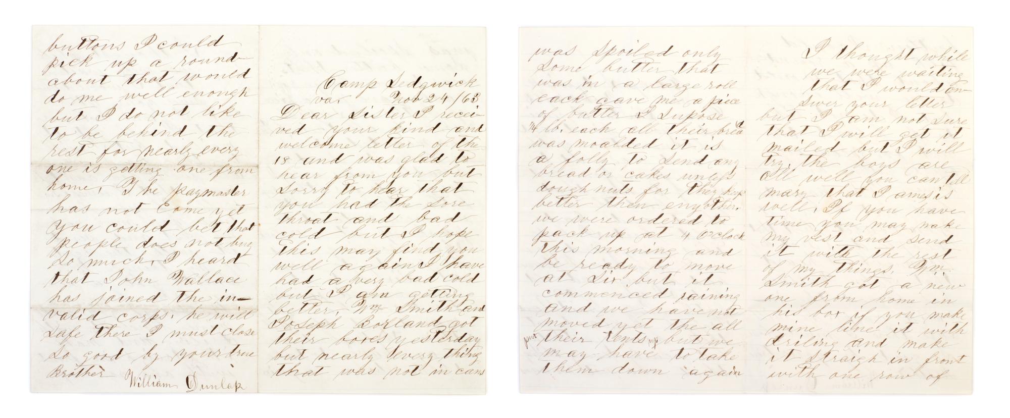 (CIVIL WAR) DUNLAP, WILLIAM. Archive of correspondence, 1863-1865, Gettysburg and Lincoln's death included.