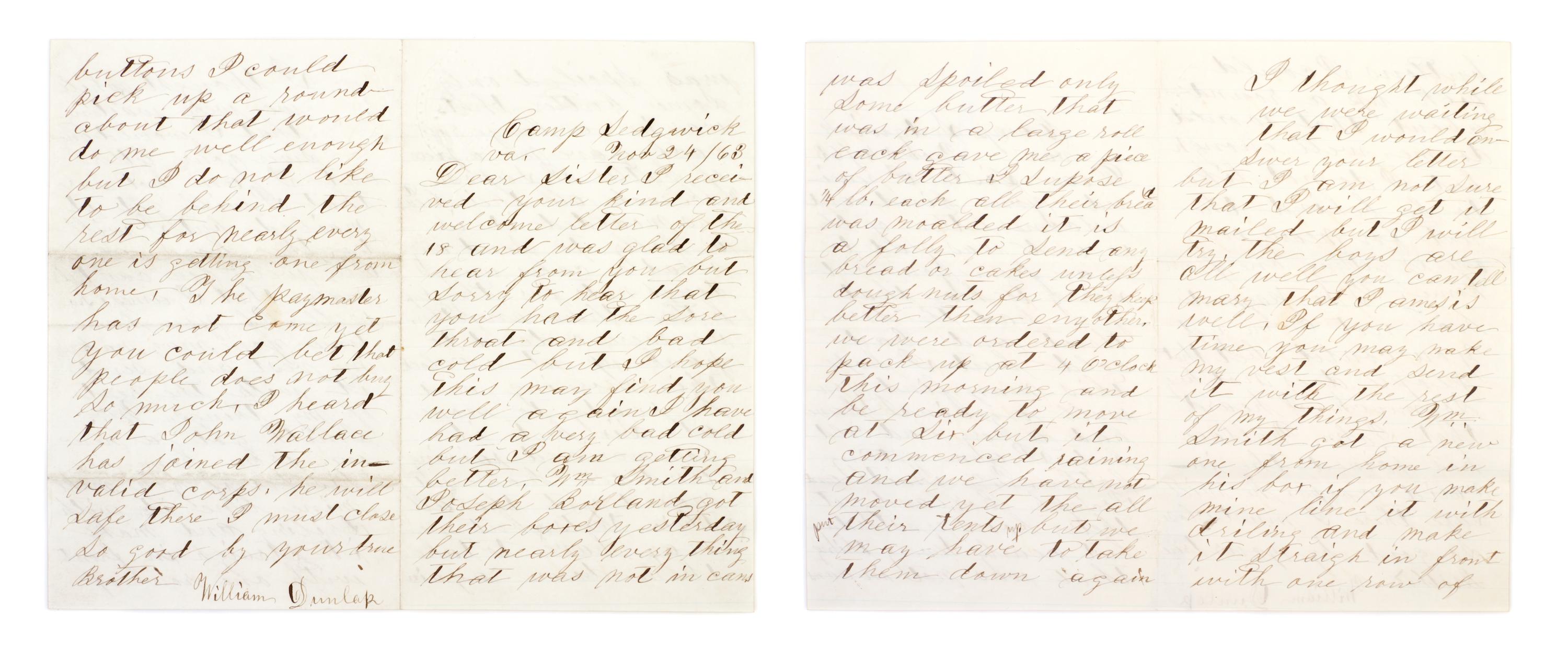 (CIVIL WAR) DUNLAP, WILLIAM. Archive of correspondence, 1863-1865, Gettysburg and Lincoln's death included.