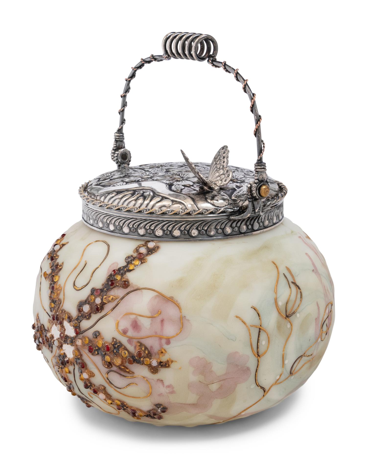 A Crown Milano Paint-Decorated Glass Cracker Jar