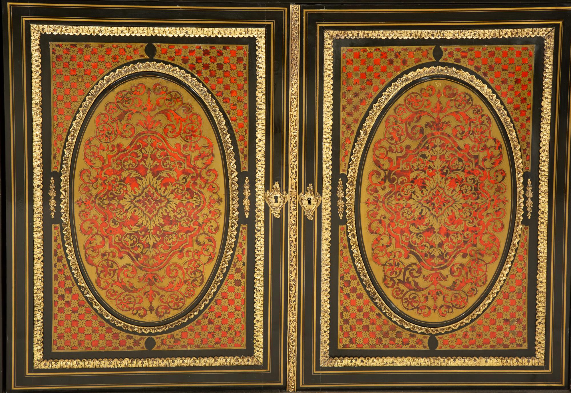 A Napoleon III Gilt Bronze Mounted Boulle Marquetry Marble-Top Console Cabinet