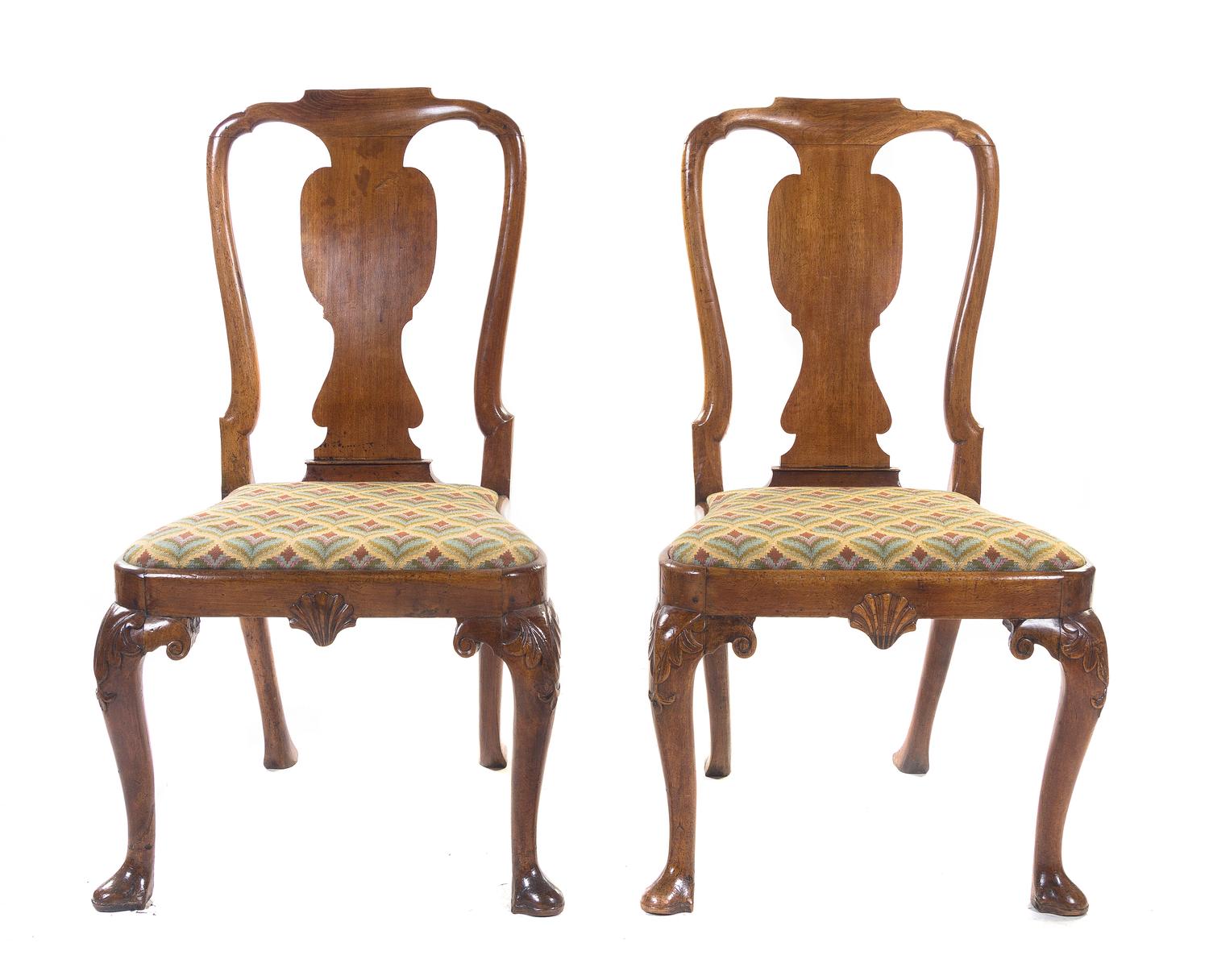 A Pair of Queen Anne Walnut Side Chairs, 18TH CENTURY, Height 38 inches. — 18TH CENTURY,