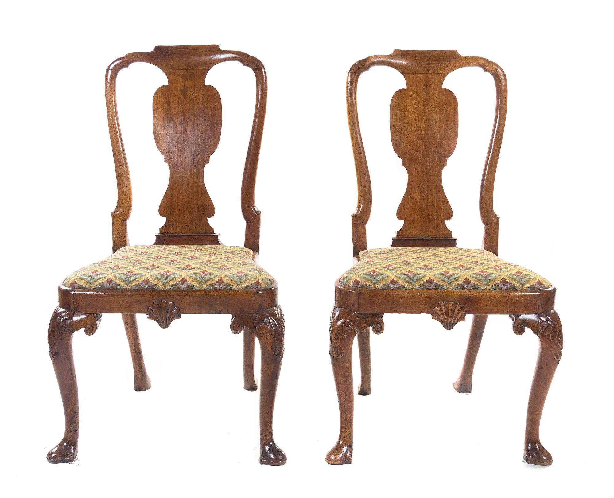 A Pair of Queen Anne Walnut Side Chairs, 18TH CENTURY, Height 38 inches. — 18TH CENTURY,