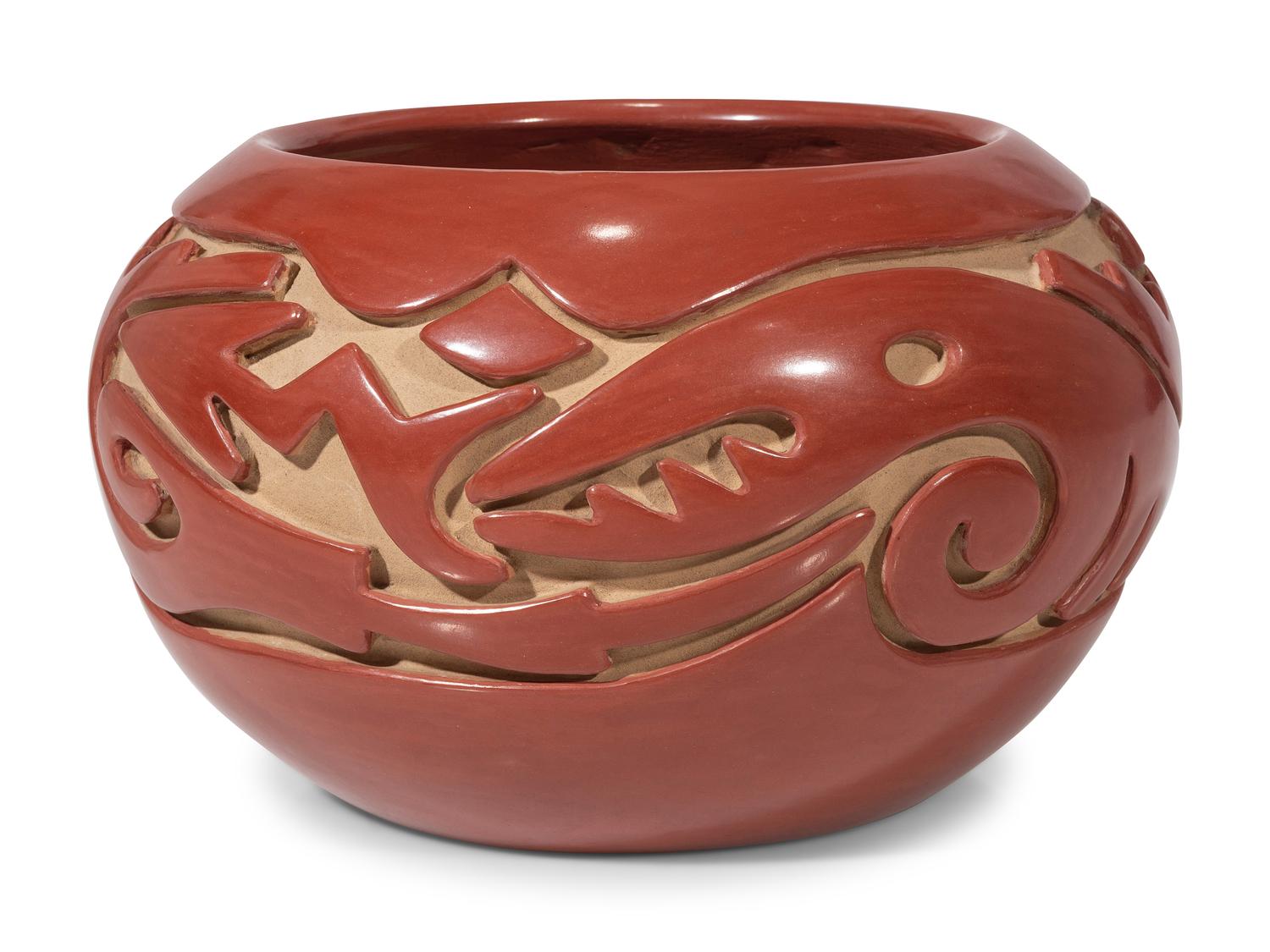 Carved Redware Pottery Bowl