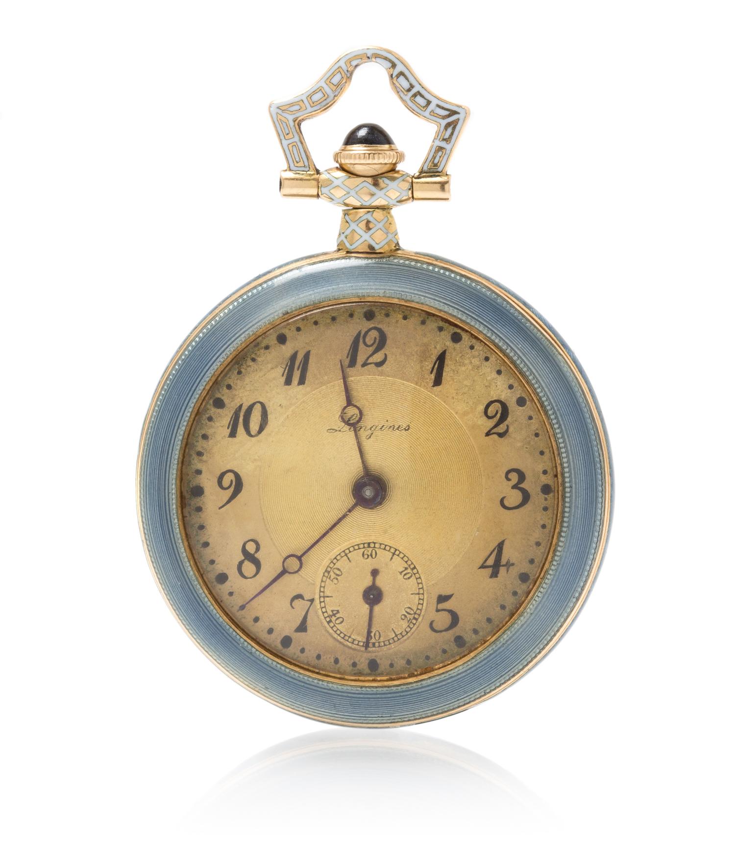 A 14 Karat Yellow Gold Polychrome Enamel Open Face Pendant Watch, Longines, 11.20 dwts.