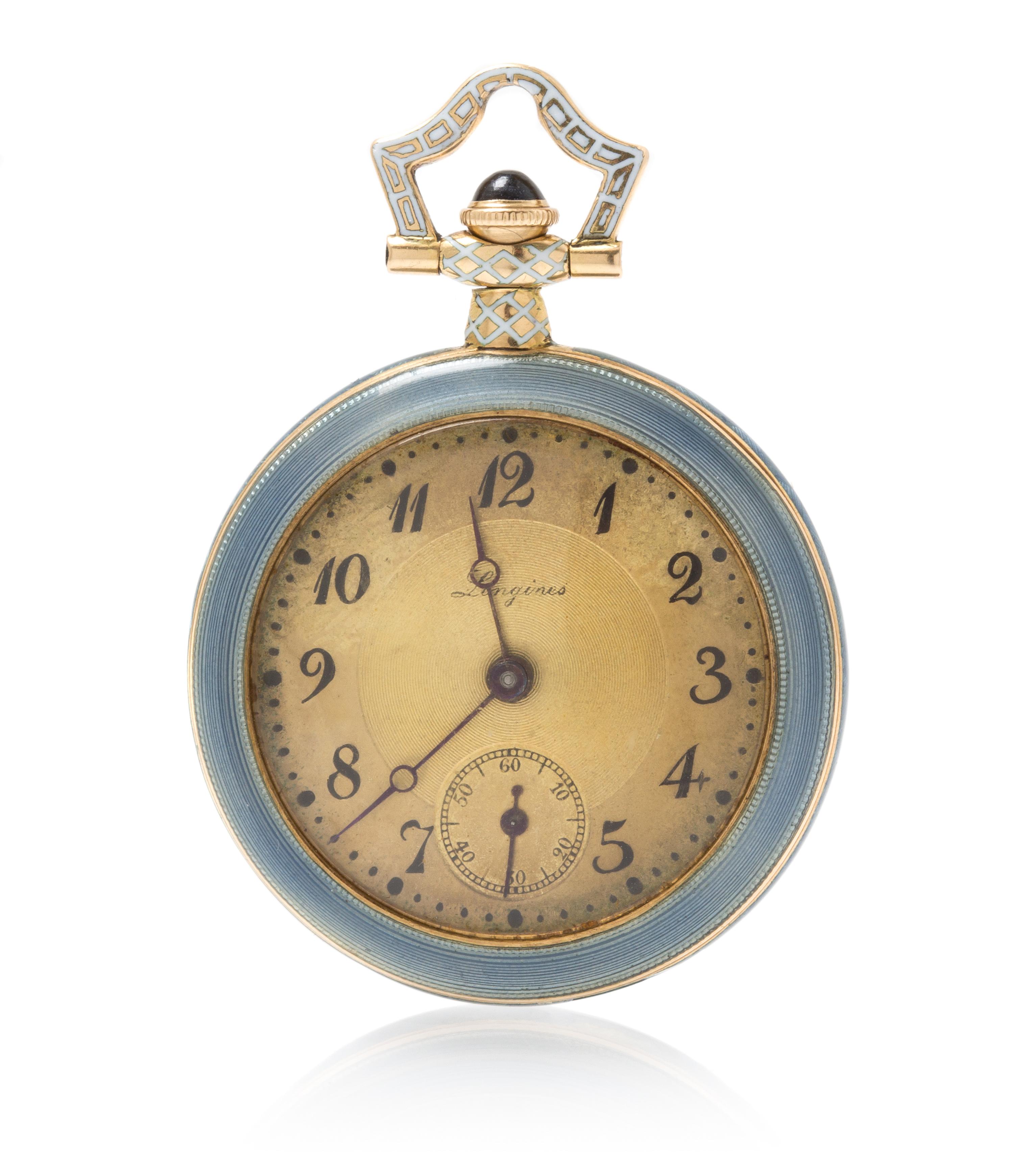 A 14 Karat Yellow Gold Polychrome Enamel Open Face Pendant Watch, Longines, 11.20 dwts.