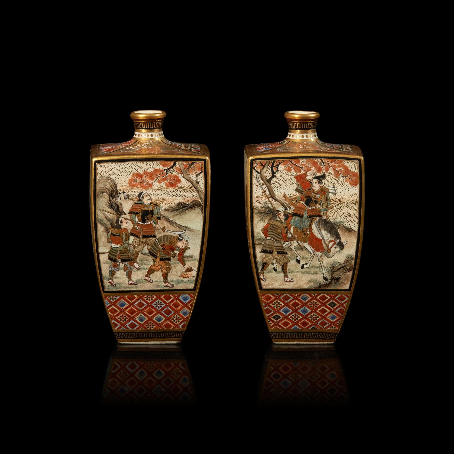A Pair of Small Japanese Satsuma-Type Cabinet Vases, Shizan, and a Miniature Vase, Houn; Meiji Period