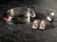 Silver and Mosaic Inlay Cuff Bracelet, Ring, and Earring Suite